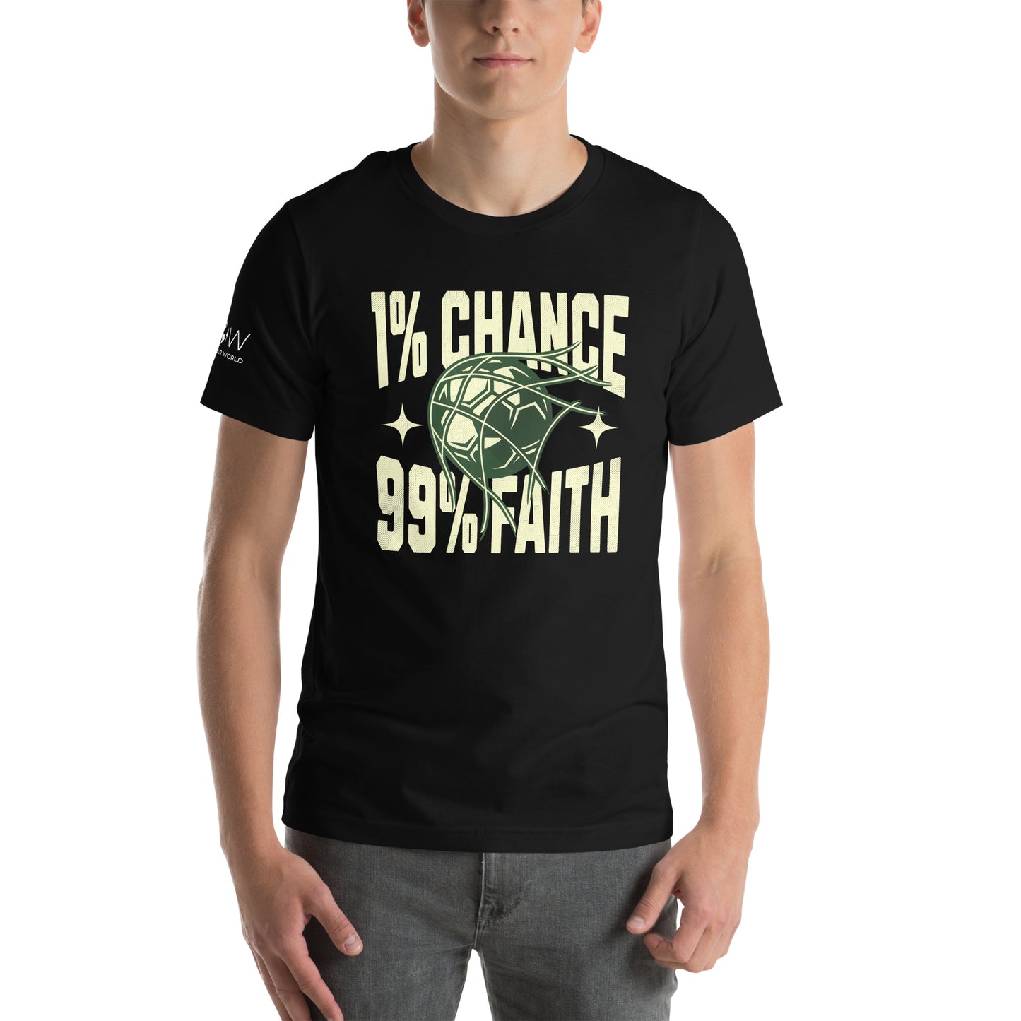 "1% Chance, 99% Faith" Soccer Motivational Black T-Shirt