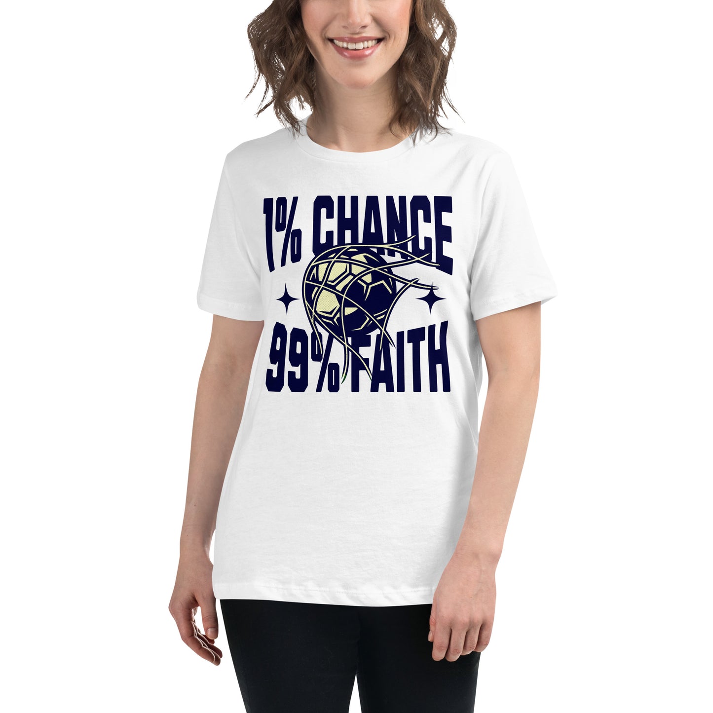 "1% Chance, 99% Faith" Soccer White Motivational Women’s T-Shirt Lifestyle