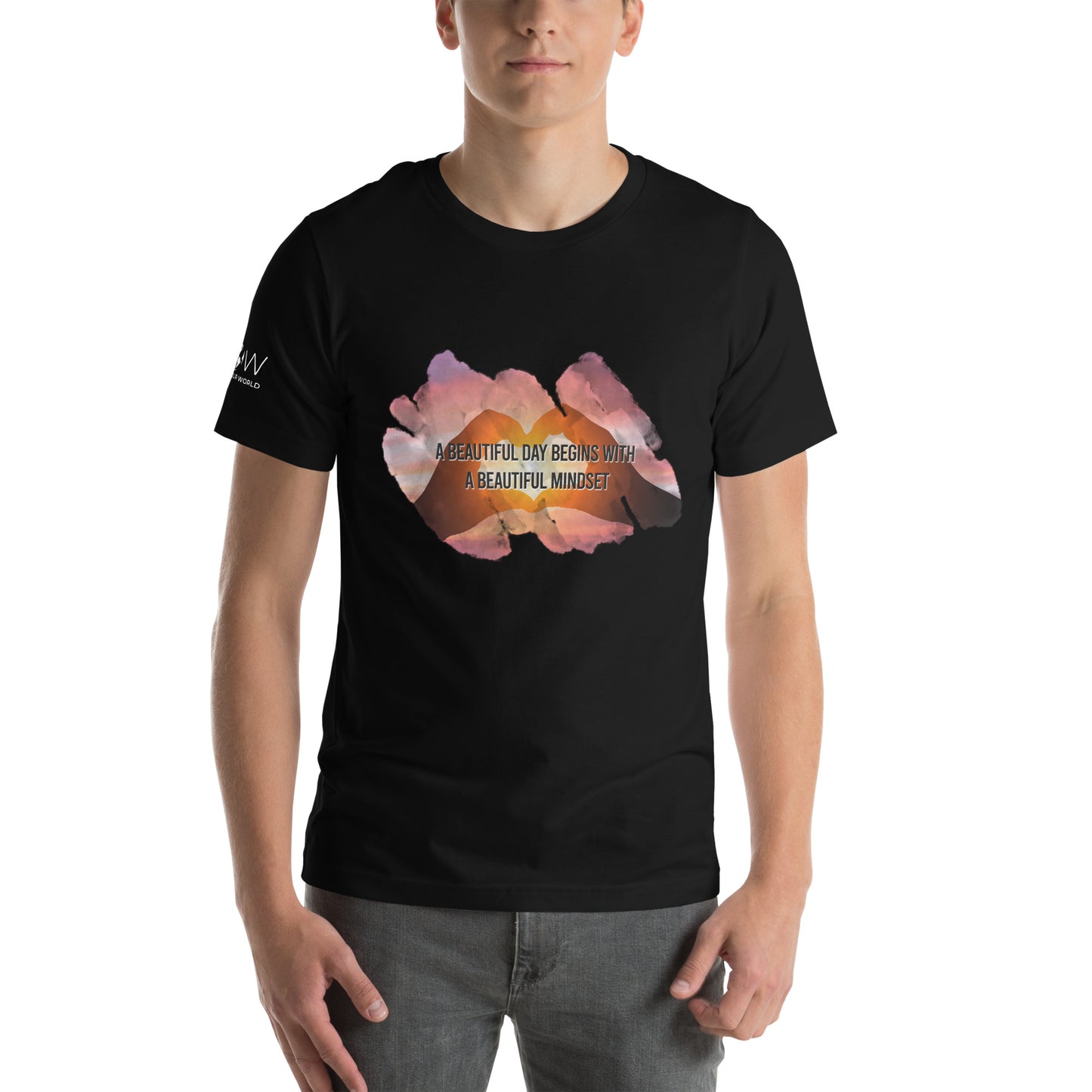 A Beautiful Day Begins with a Beautiful Mindset - Heart Sunset Men's Motivational Black T-Shirt