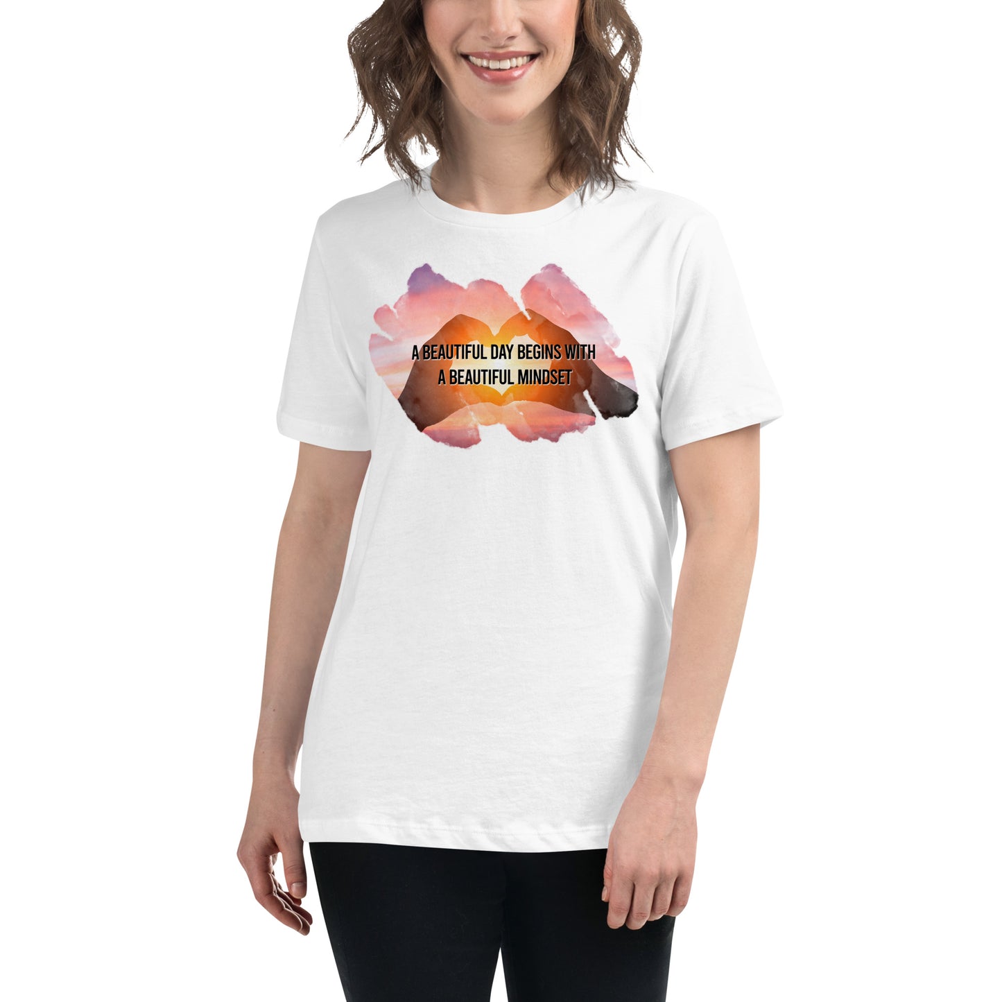 A Beautiful Day Begins with a Beautiful Mindset - Heart Sunset White Motivational Women’s T-Shirt Lifestyle