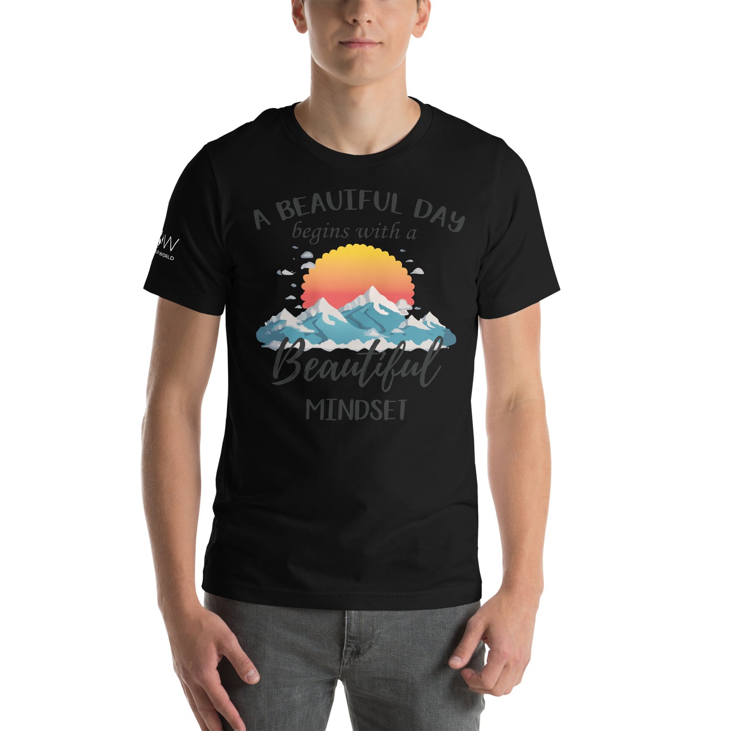 A Beautiful Day Begins with a Beautiful Mindset - Mountain Sunrise Men's Motivational Black T-Shirt
