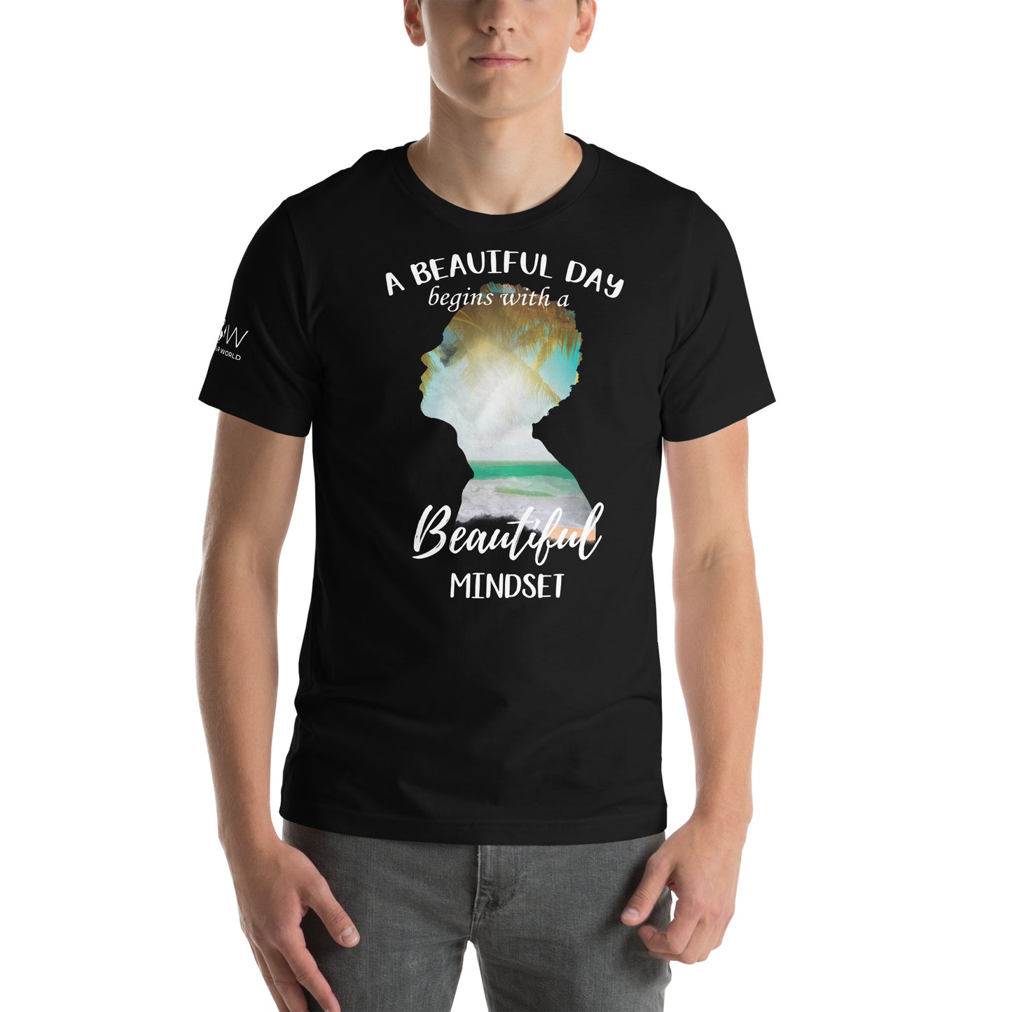 A Beautiful Day Begins with a Beautiful Mindset - Tropical Silhouette Men's Motivational Black T-Shirt