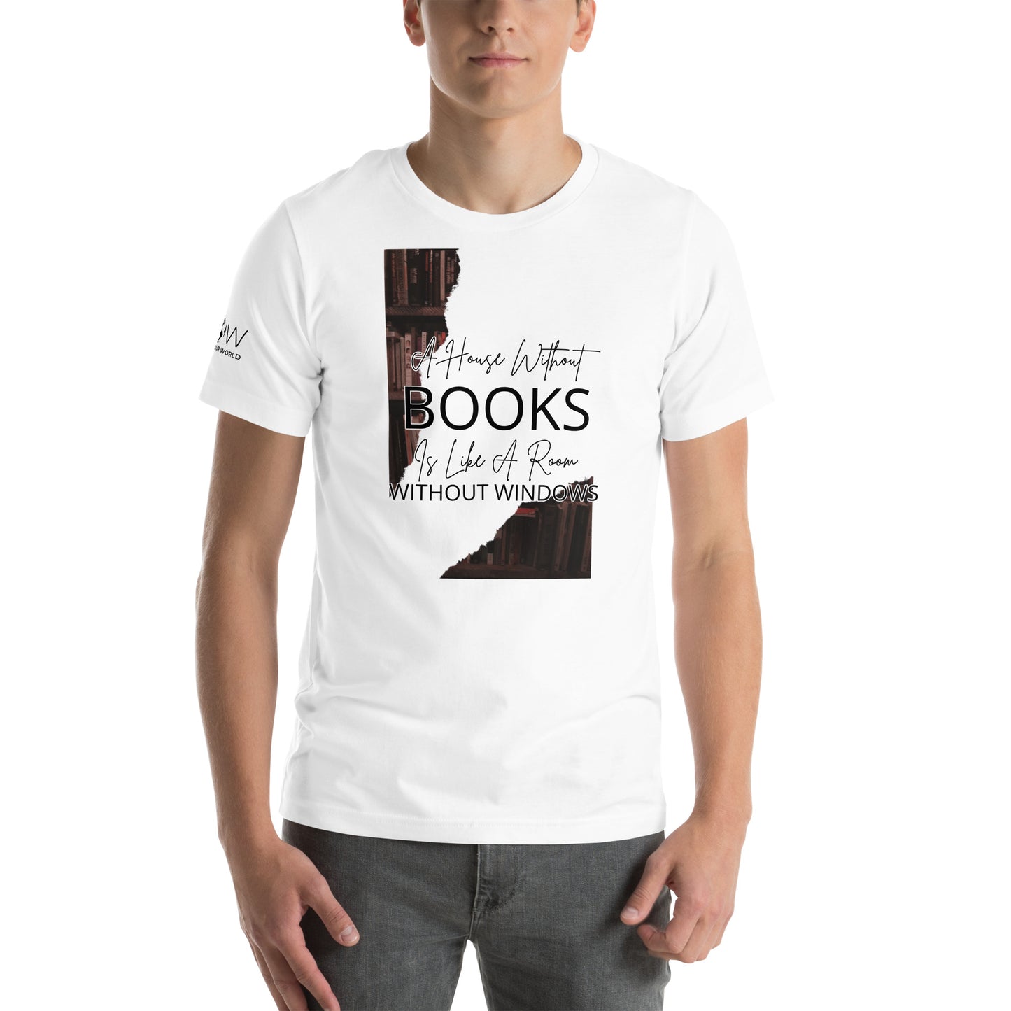 A House Without Books – Bookshelf Silhouette White Motivational Men's T-Shirt