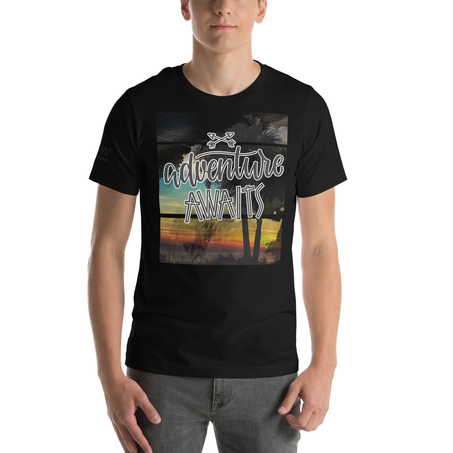 Adventure Awaits Sunset Men's Motivational Black T-Shirt