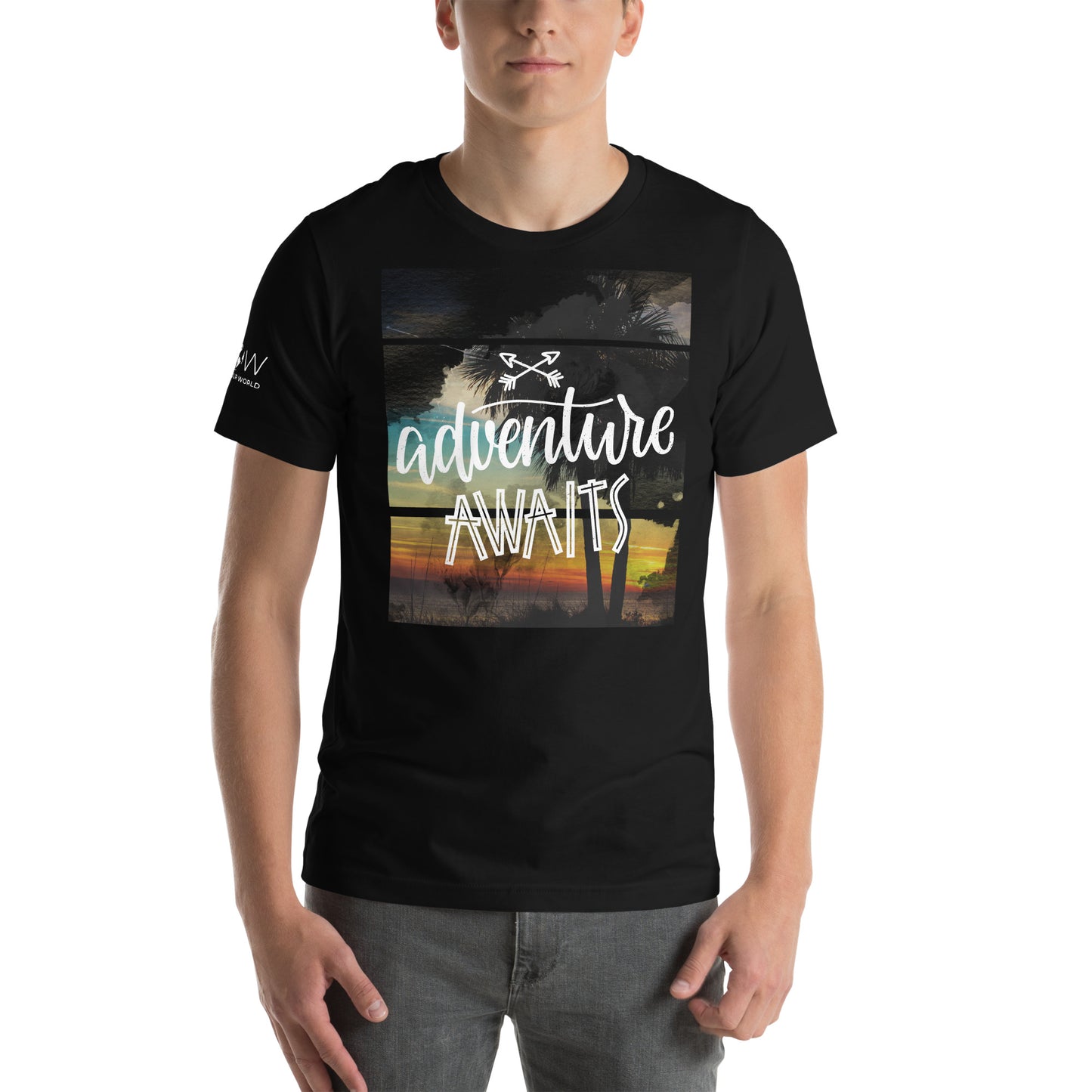 Adventure Awaits Sunset Men's Motivational Black T-Shirt