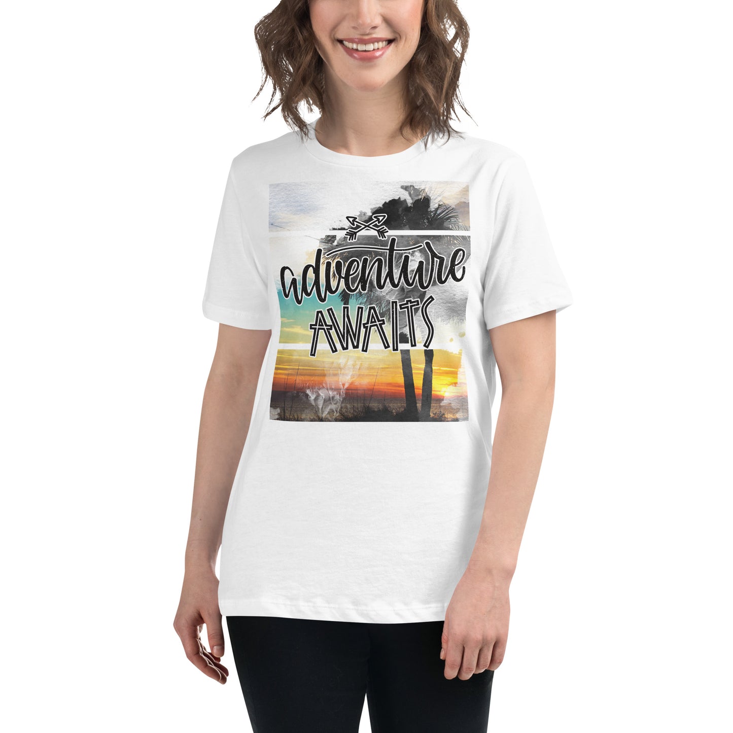 Adventure Awaits Sunset White Motivational Women’s T-Shirt Lifestyle