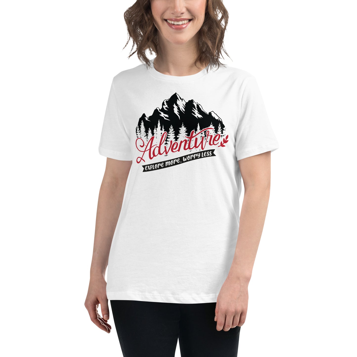Adventure Explore More Worry Less (Mountain) White Motivational Women’s T-Shirt Lifestyle