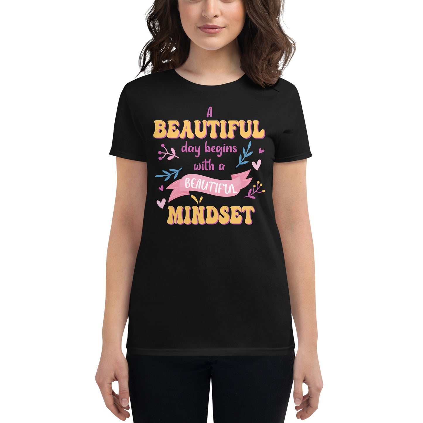 Beautiful Mindset Banner Design Women’s Motivational Black T-Shirt