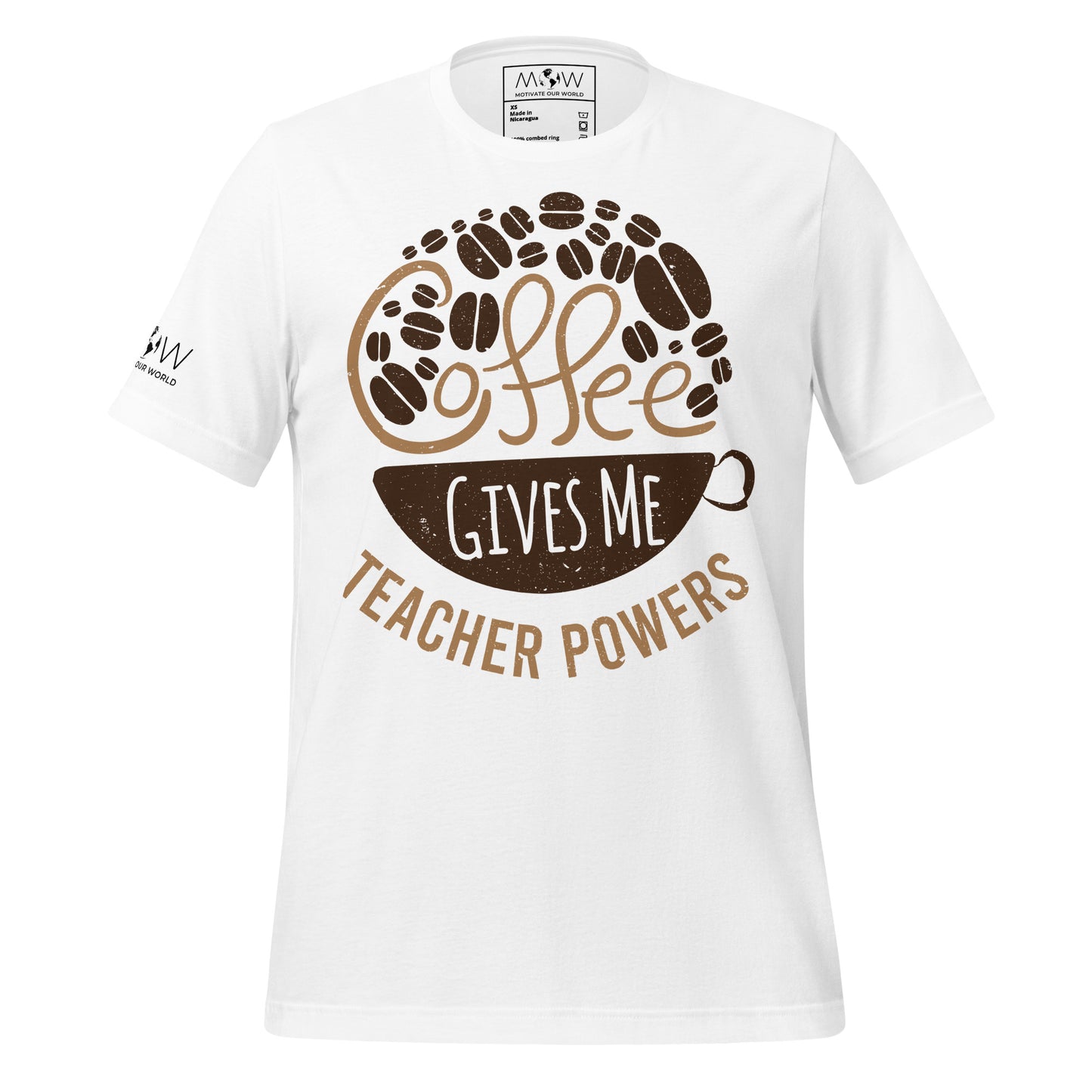 Coffee Gives Me Teacher Powers - Cup & Bean Graphic Edition White Motivational Men's T-Shirt