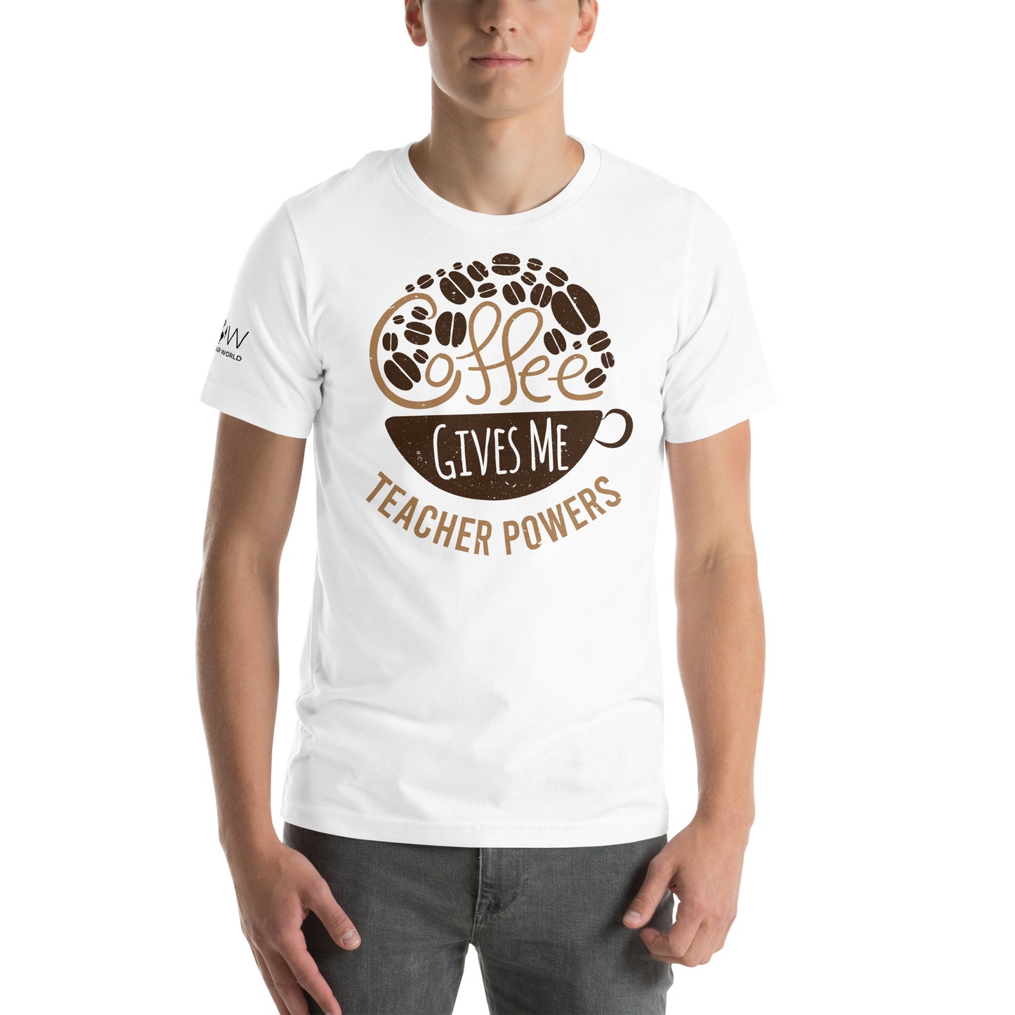 Coffee Gives Me Teacher Powers - Cup & Bean Graphic Edition White Motivational Men's T-Shirt