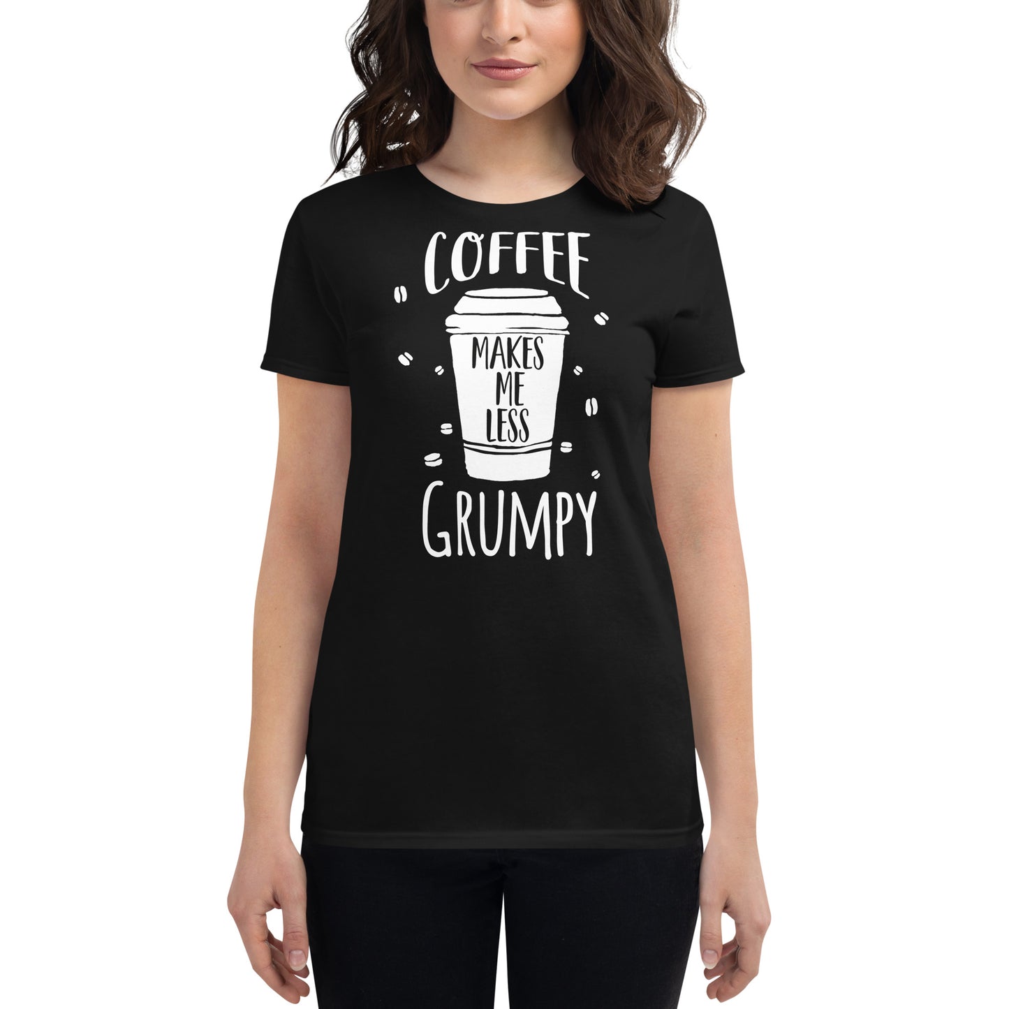 Coffee Makes Me Less Grumpy Women’s Motivational Black T-Shirt