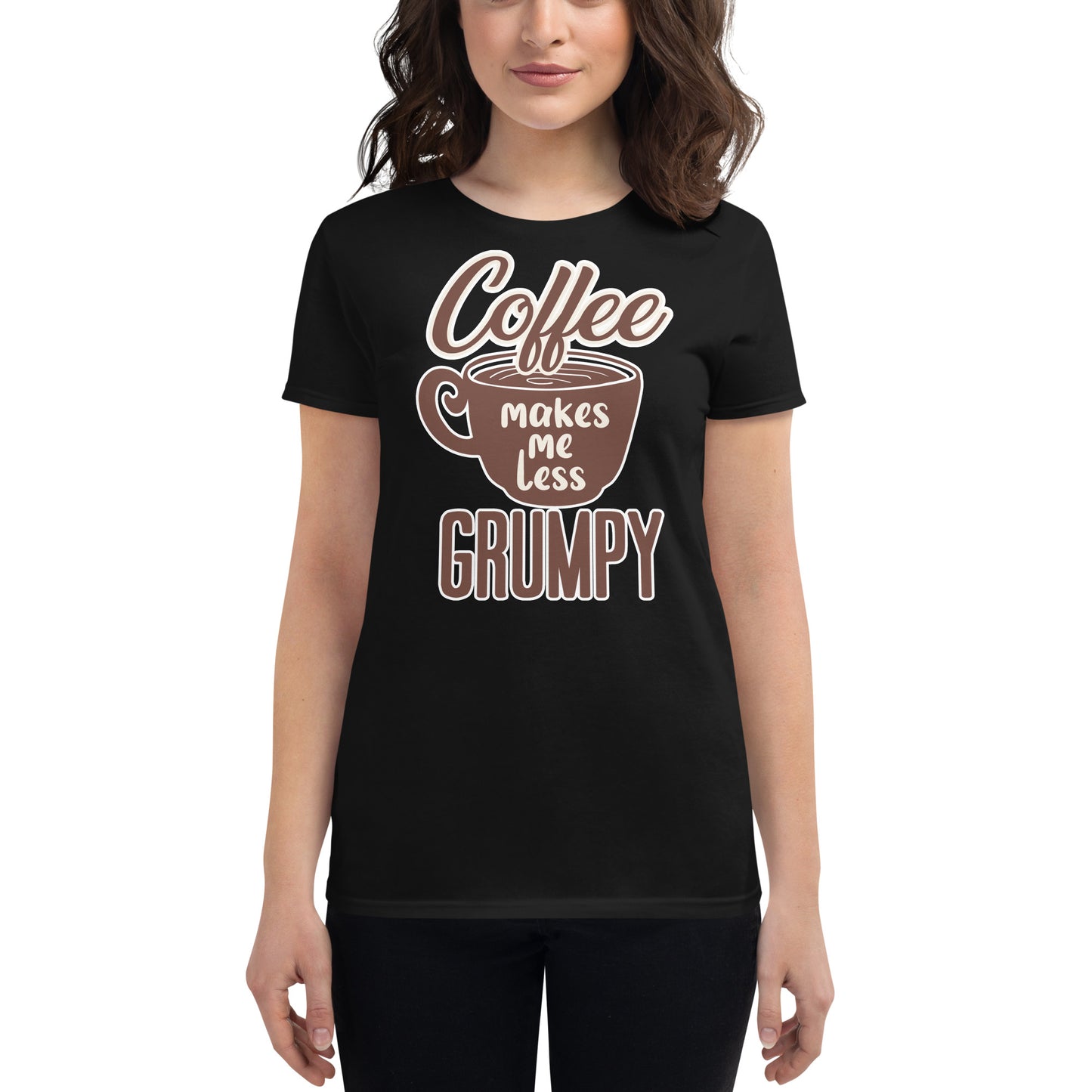 Coffee Makes Me Less Grumpy Women’s Motivational Black T-Shirt