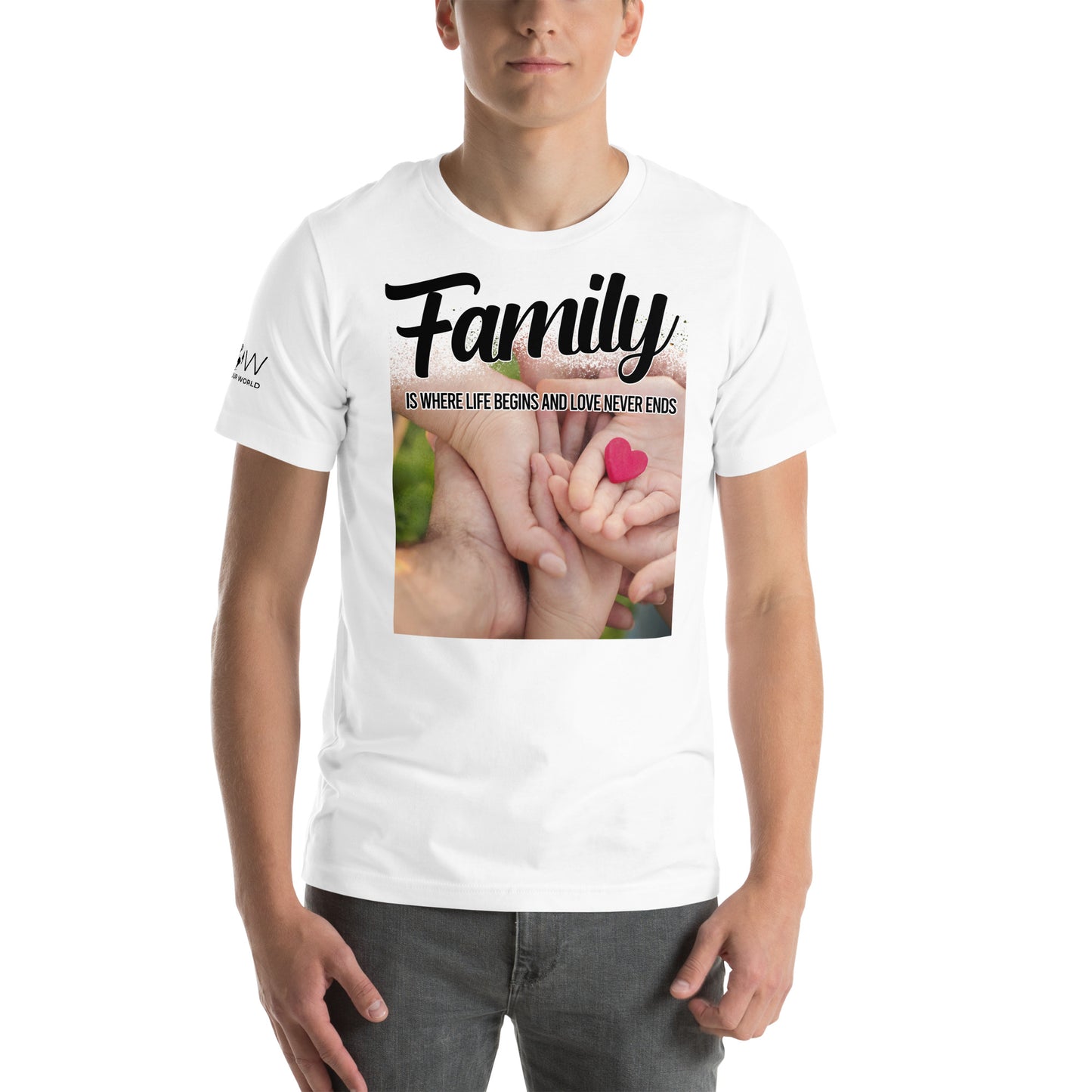 Family Is Where Life Begins – Heart in Hand Edition White Motivational Men's T-Shirt Lifestyle