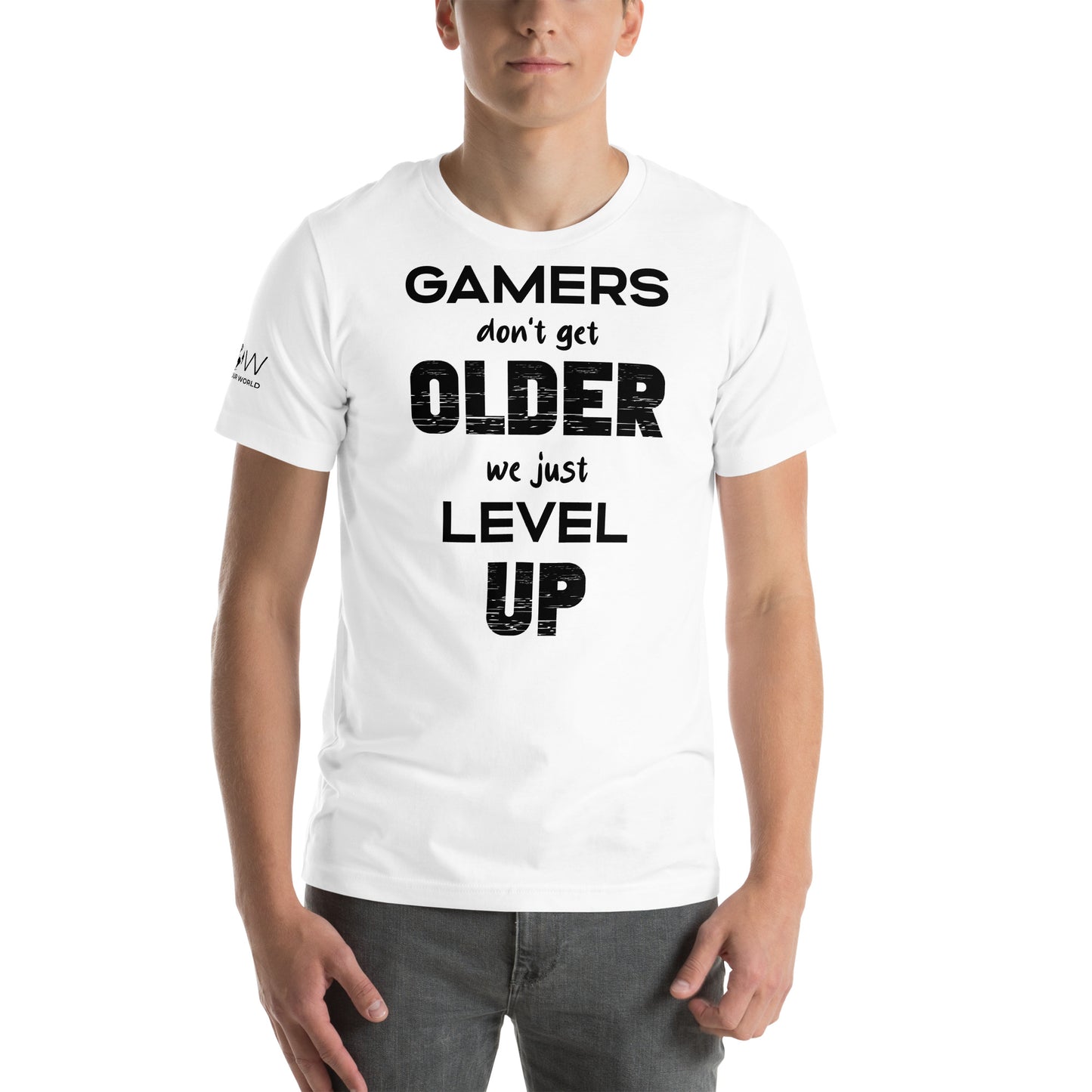 Gamers Level Up – Glitch Text Edition White Motivational Men's T-Shirt