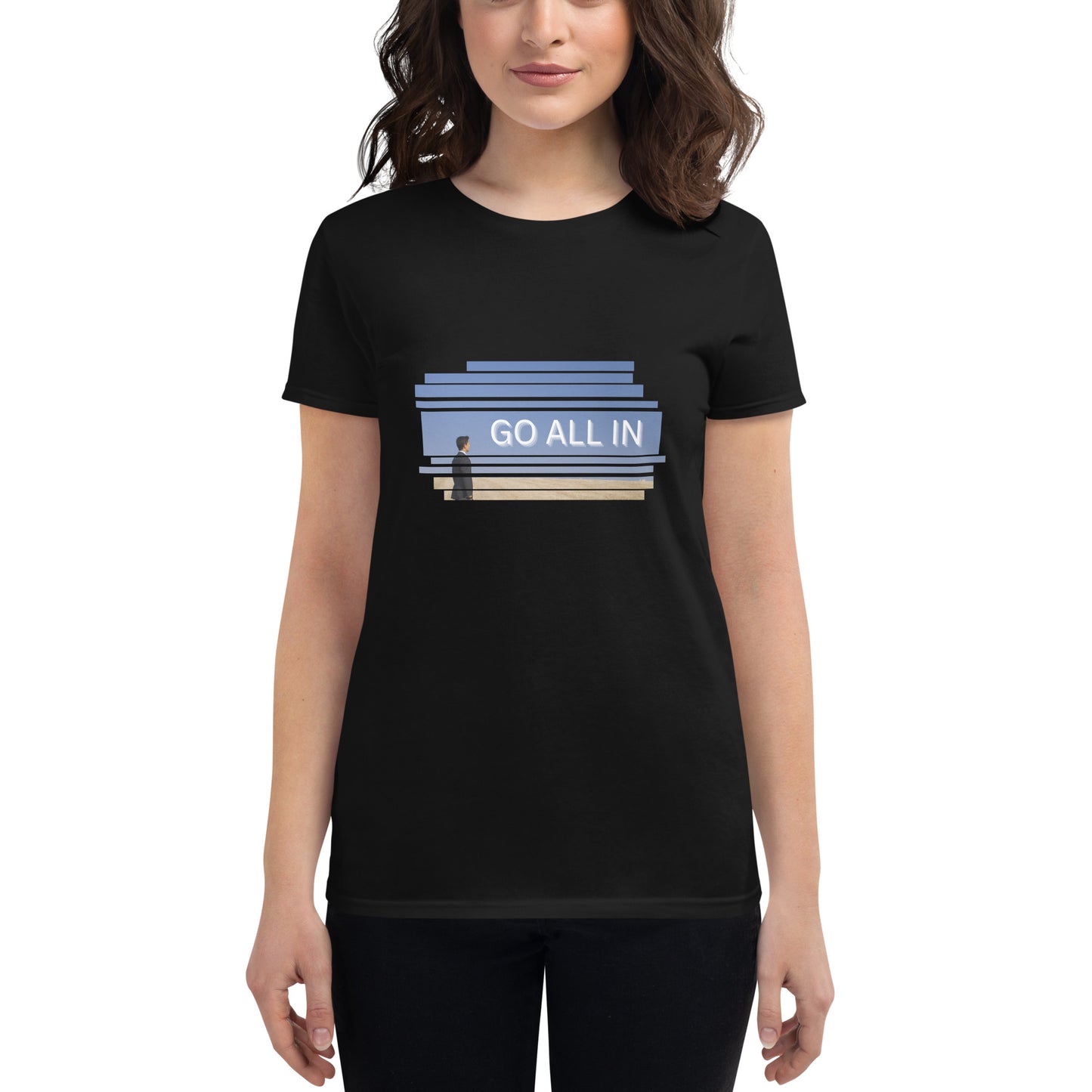 Go All In Striped Design Women’s Motivational Black T-Shirt