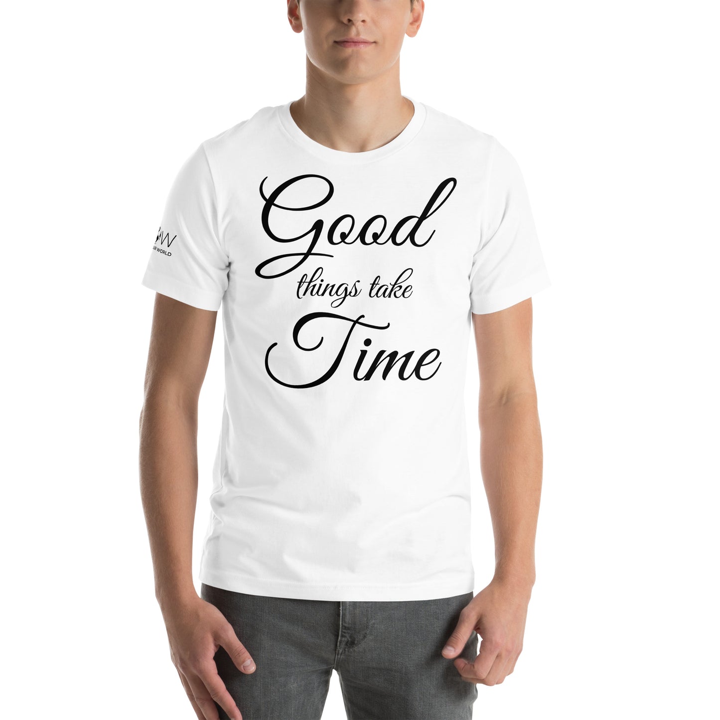 Good Things Take Time – Elegant Script Edition White Motivational Men's T-Shirt