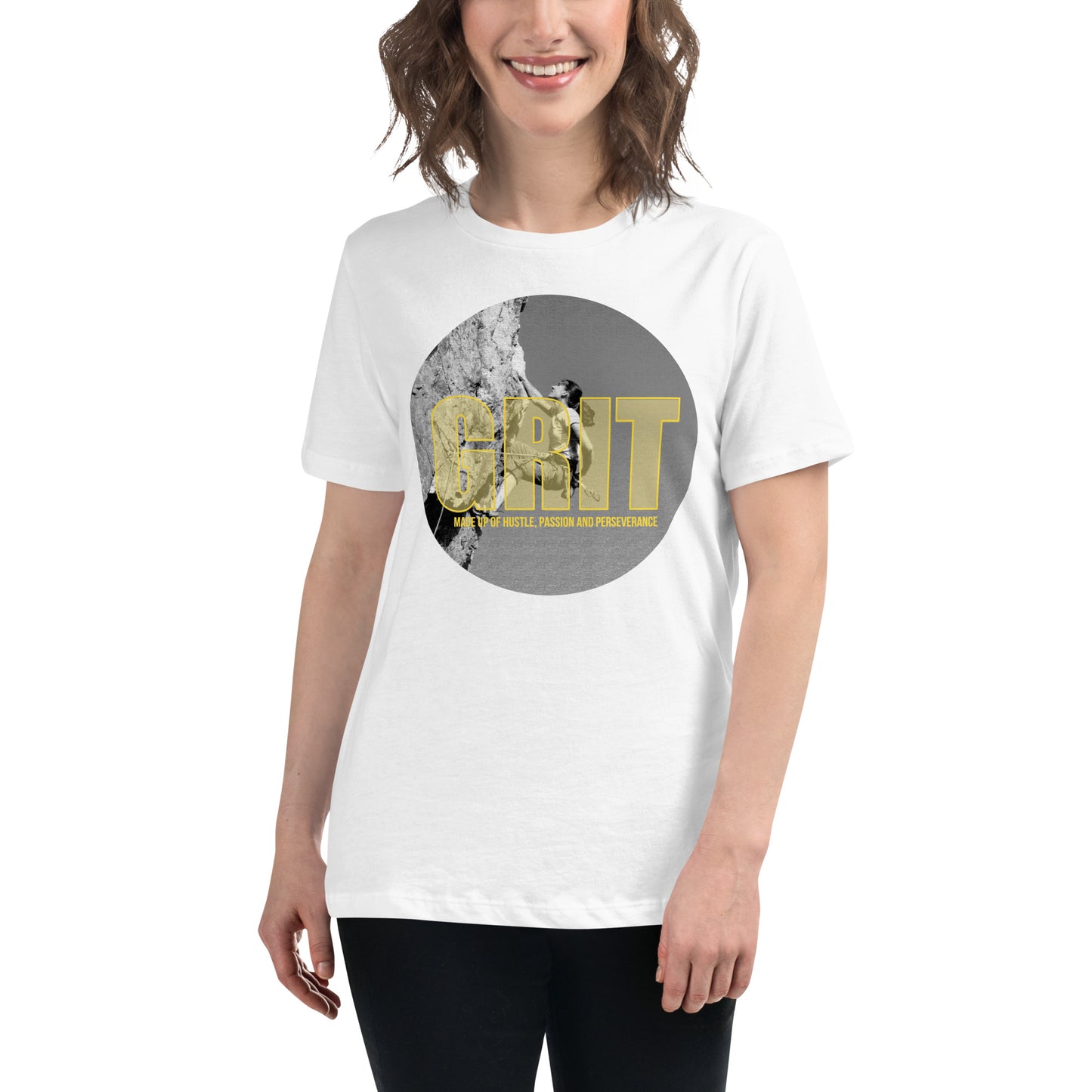 Grit: Made Up of Hustle, Passion, and Perseverance White Motivational Women’s T-Shirt Lifestyle