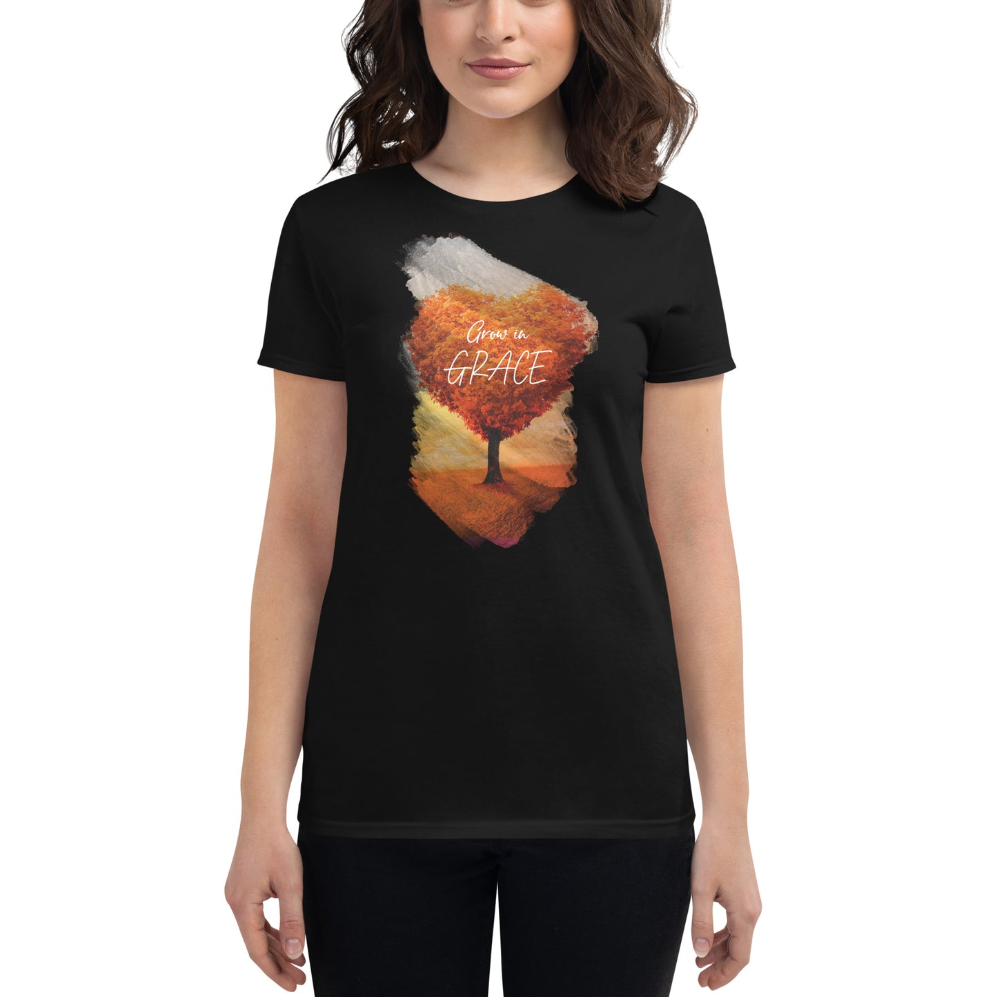 Grow in Grace Heart Tree Design Women’s Motivational Black T-Shirt