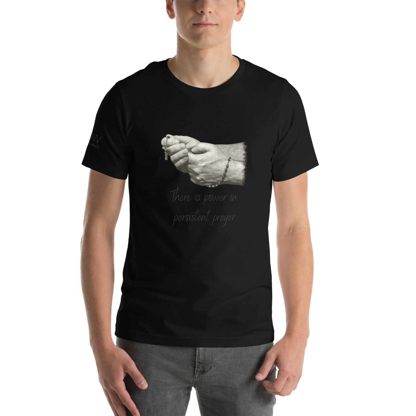 Hands in Prayer with Rosary Men's Motivational Black T-Shirt
