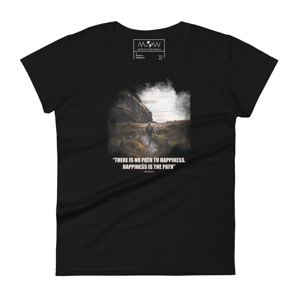 Happiness Is the Path (Hiker Design) Women’s Motivational Black T-Shirt