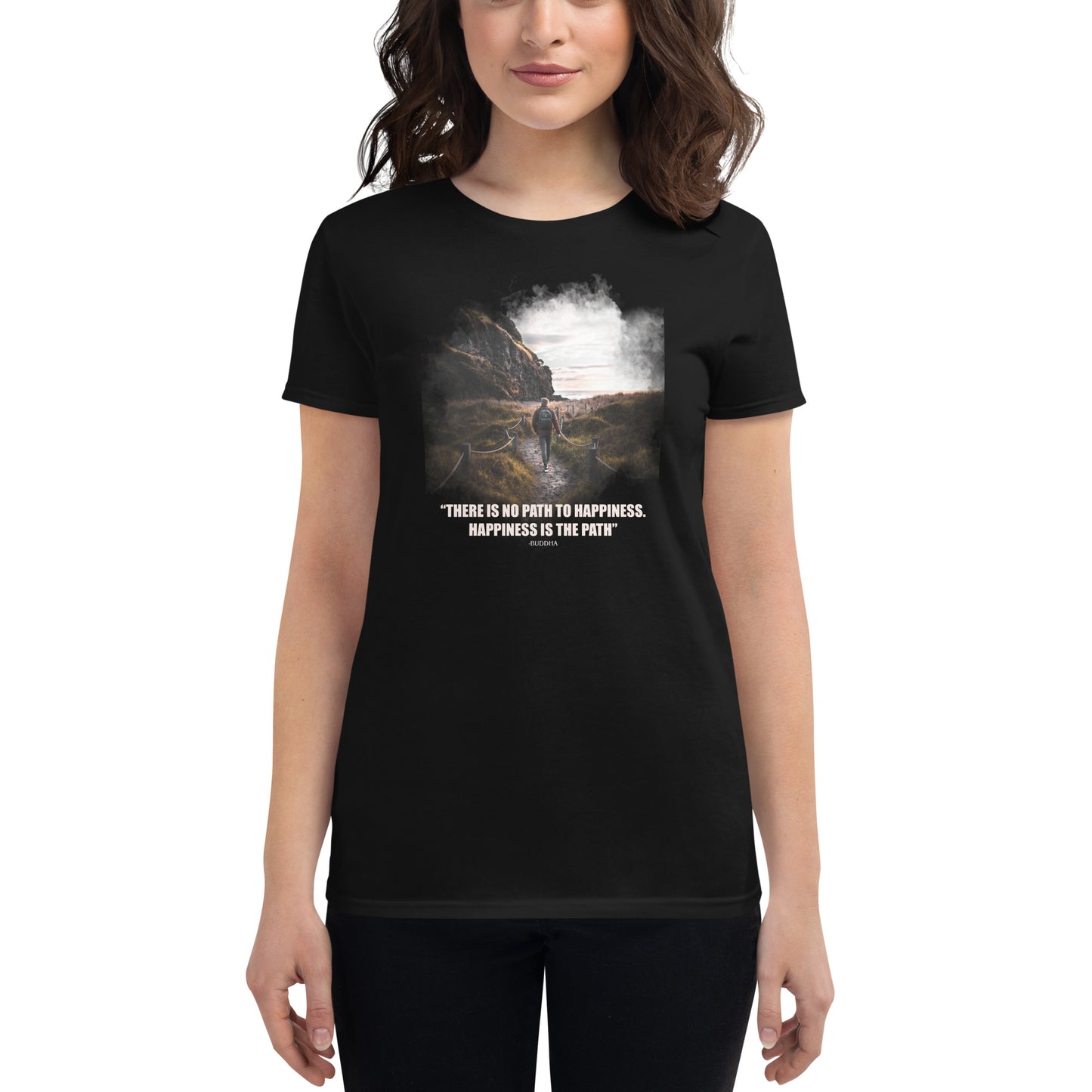 Happiness Is the Path (Hiker Design) Women’s Motivational Black T-Shirt