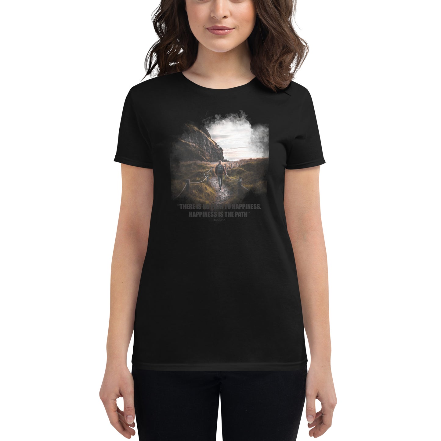 Happiness Is the Path (Hiker Design) Women’s Motivational Black T-Shirt