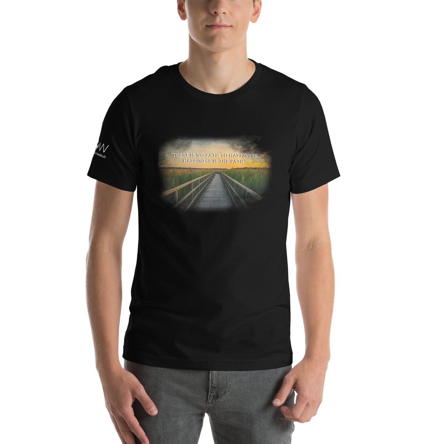 Happiness is the Path (Sunset Boardwalk Design) Men's Motivational Black T-Shirt