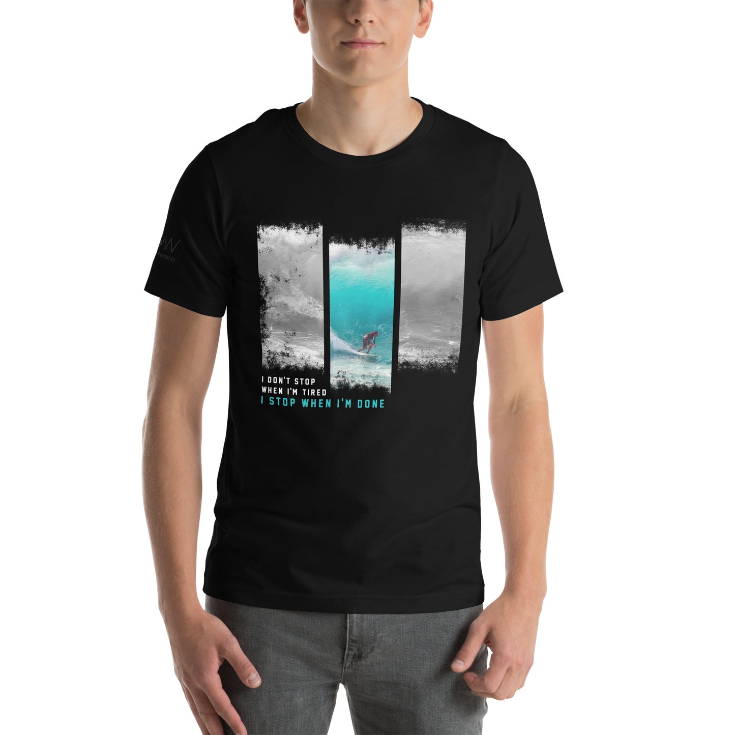 "I Don't Stop When I'm Tired, I Stop When I'm Done" Surfing Men's Motivational Black T-Shirt