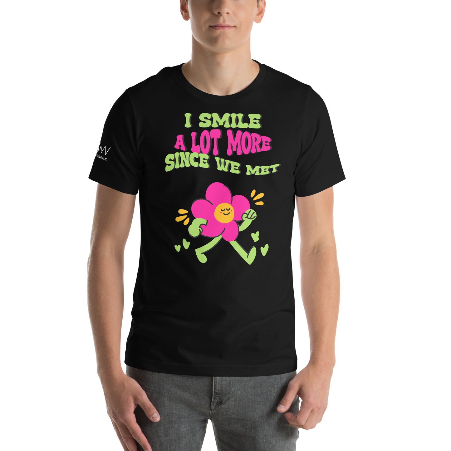 I Smile A Lot More Since We Met – Groovy Flower Edition Black Motivational Men's T-Shirt