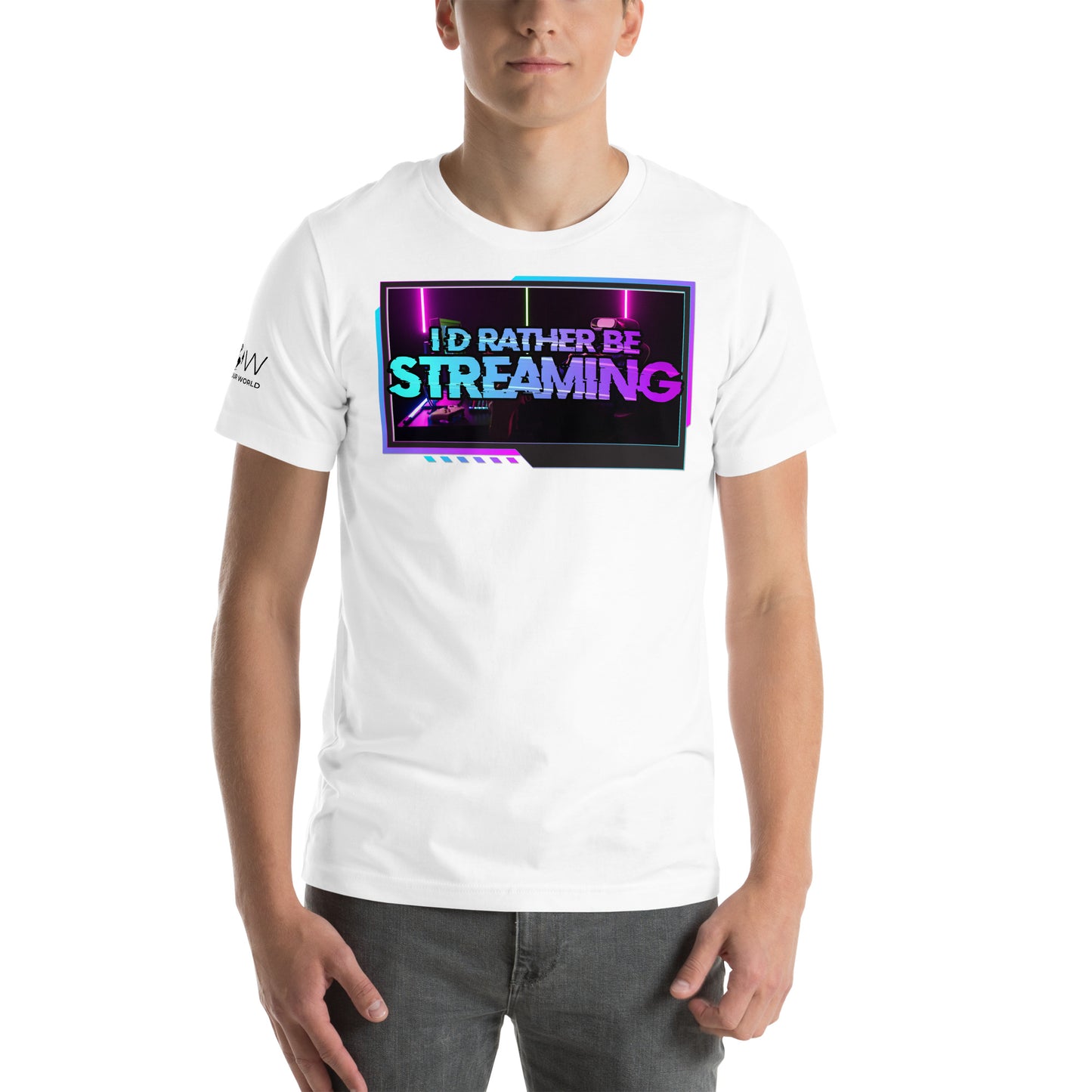 “I'd Rather Be Streaming” Vibrant Neon White Motivational Men's T-Shirt Lifestyle