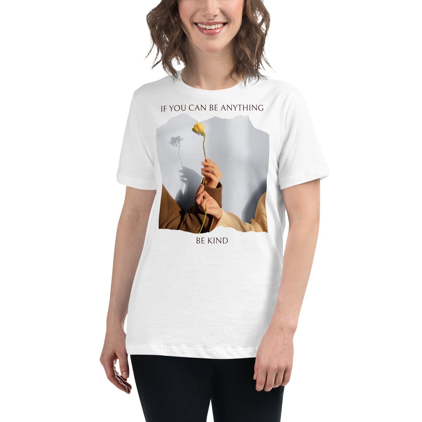 If You Can Be Anything, Be Kind (Flower Gesture Design) White Motivational Women’s T-Shirt Lifestyle