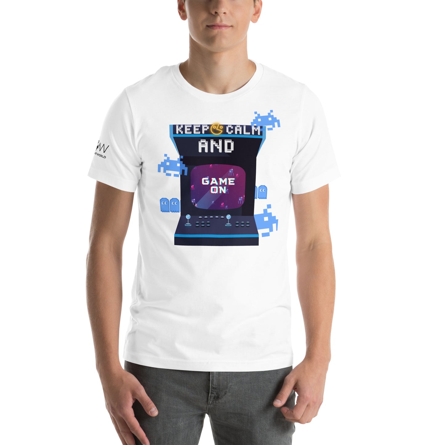 Keep Calm and Game On - Retro Arcade Inspired White Motivational Men's T-Shirt