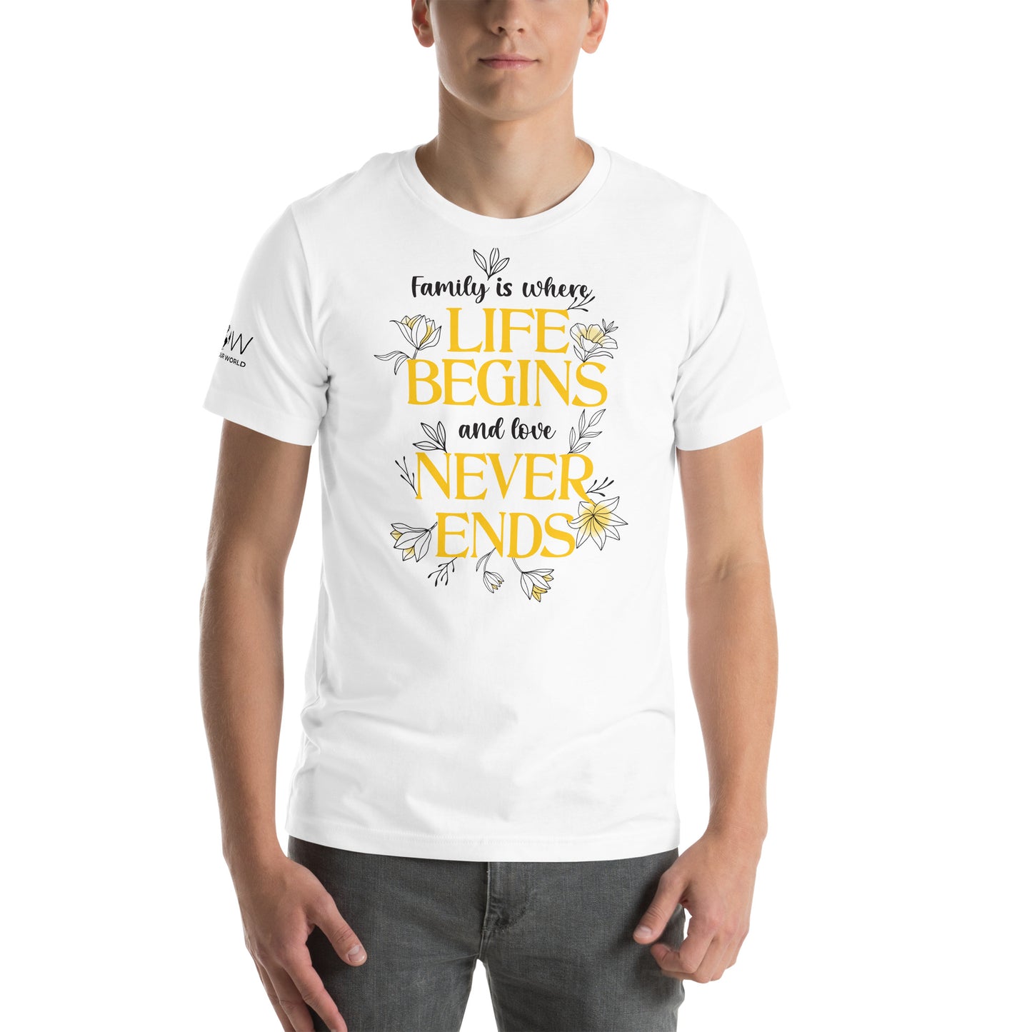 Life Begins, Love Never Ends – Golden Bloom Edition White Motivational Men's T-Shirt Lifestyle