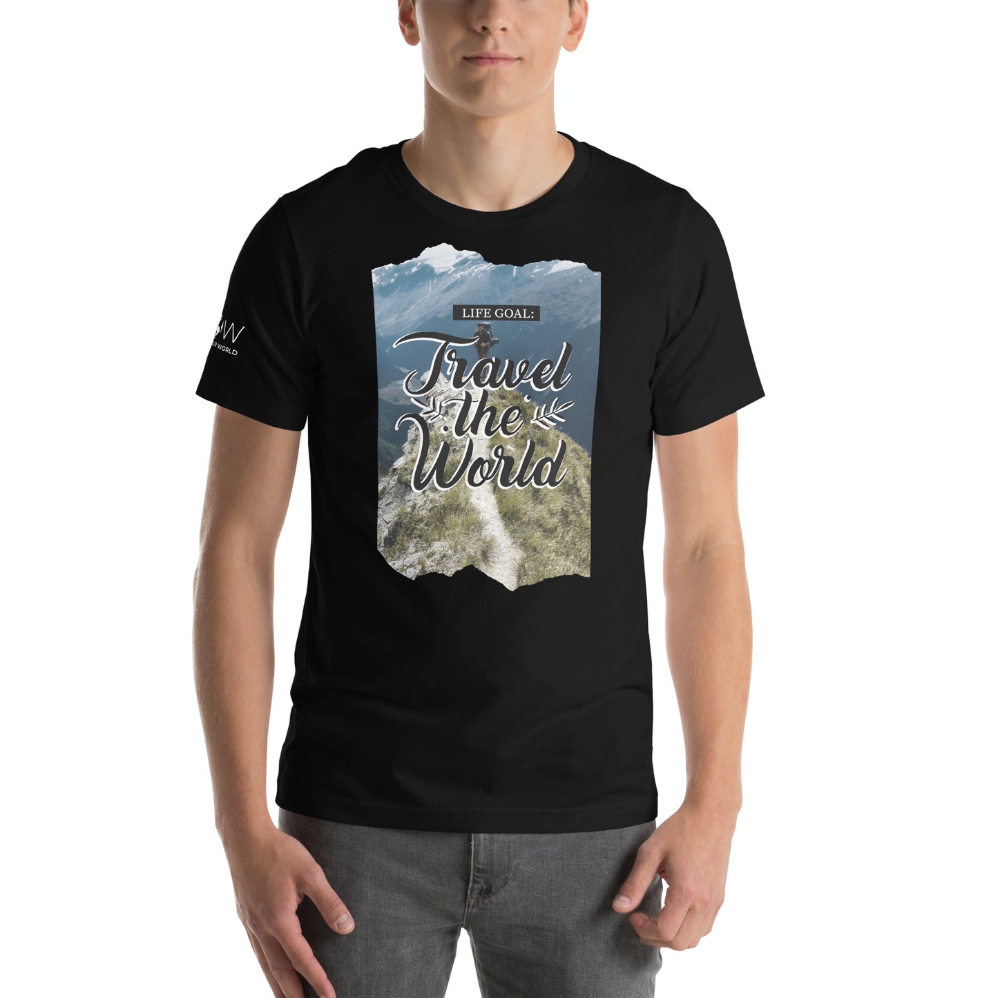 "Life Goal: Travel the World" Men's Motivational Black T-Shirt