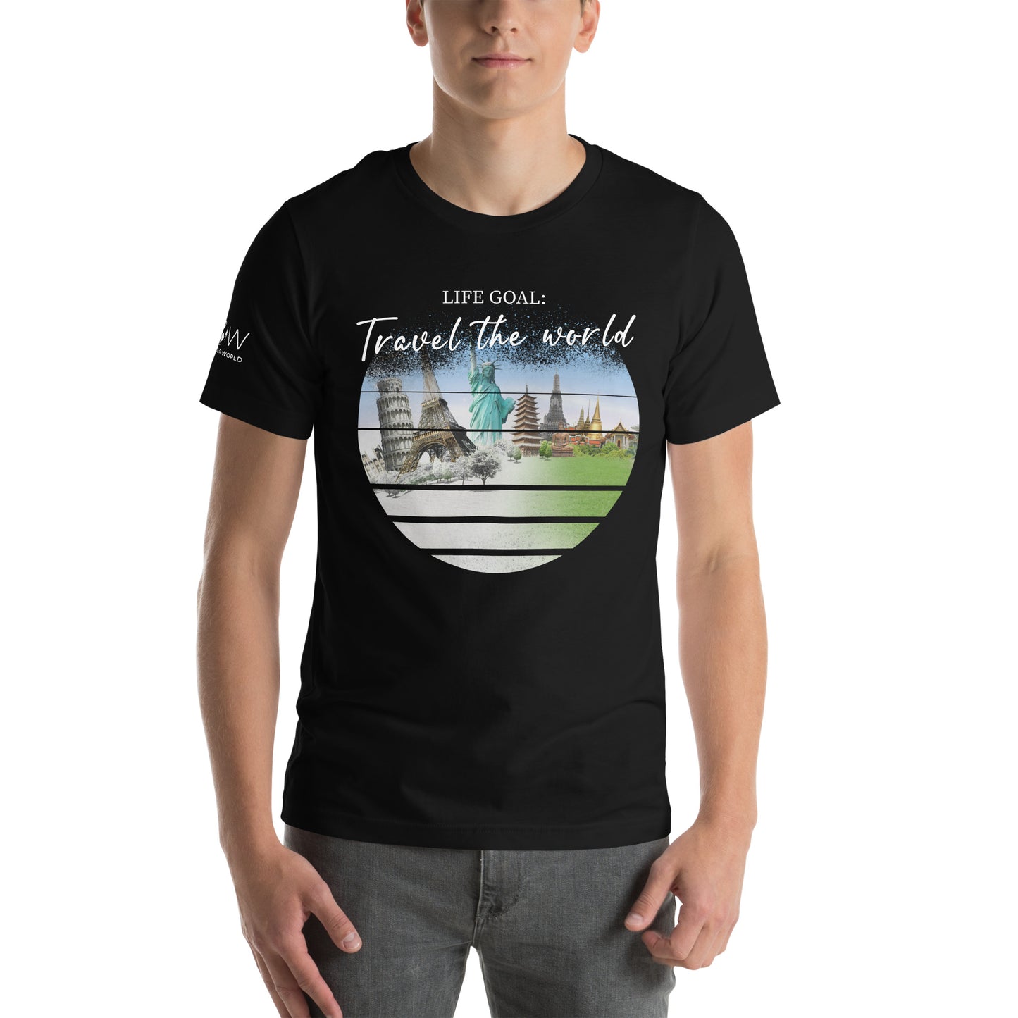 "Life Goal: Travel the World" Men's Motivational Black T-Shirt