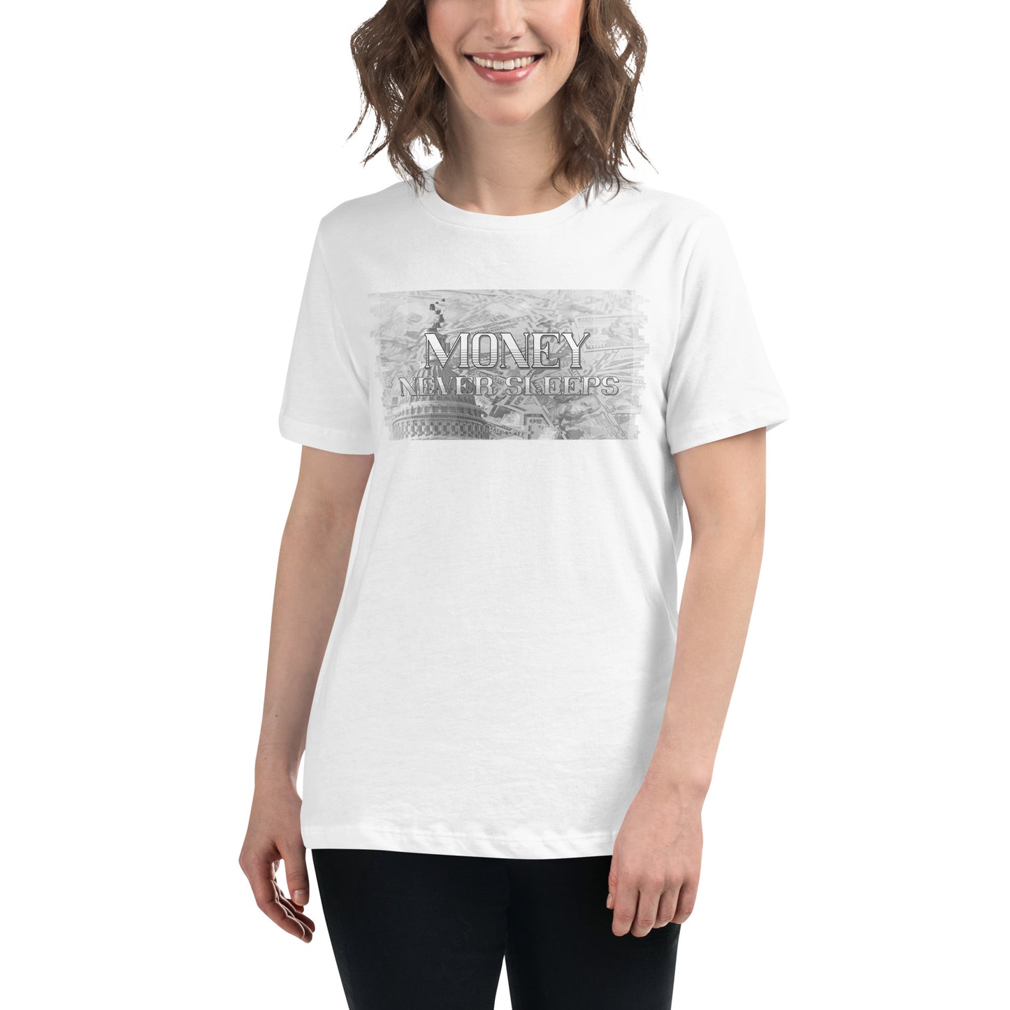 Money Never Sleeps Capitol White Motivational Women’s T-Shirt Lifestyle