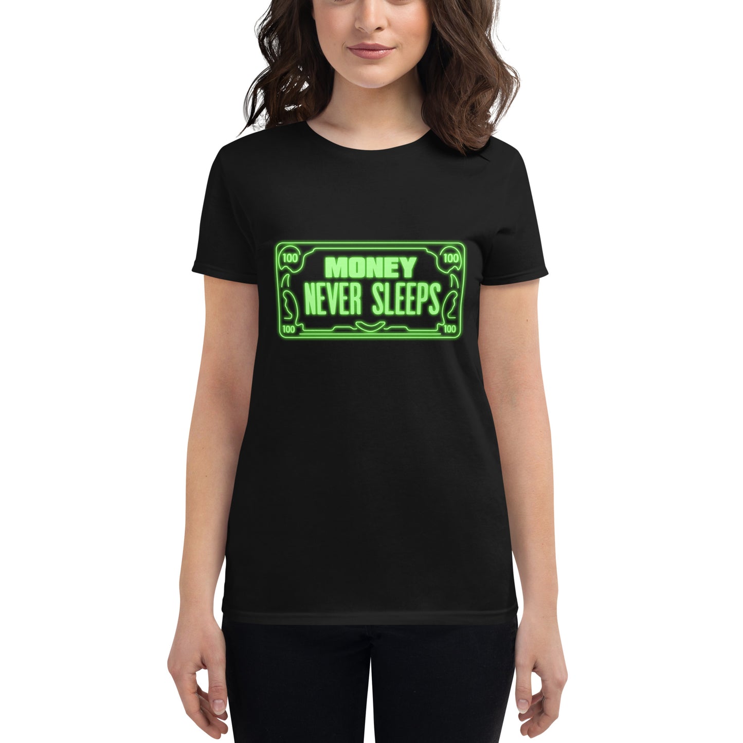 Money Never Sleeps Iconic Women’s Motivational Black T-Shirt
