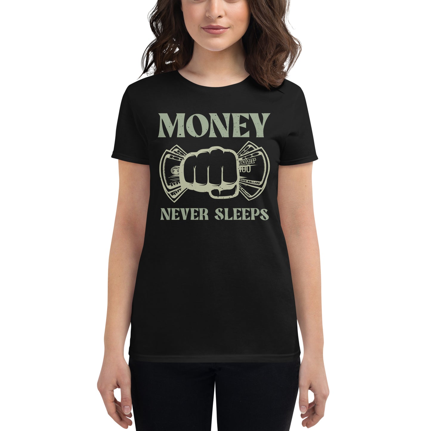 Money Never Sleeps Minimalist Women’s Motivational Black T-Shirt