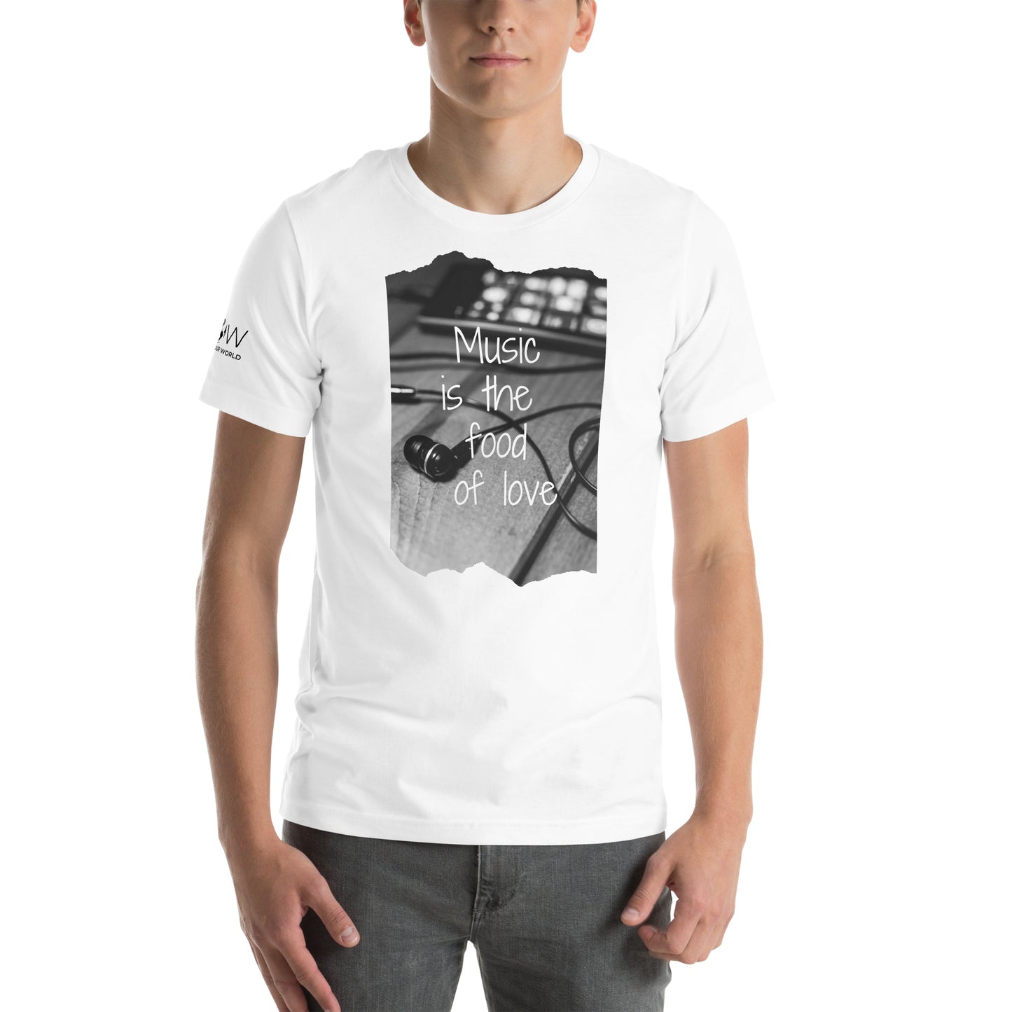 Music Is the Food of Love - Earbuds Edition White Motivational Men's T-Shirt