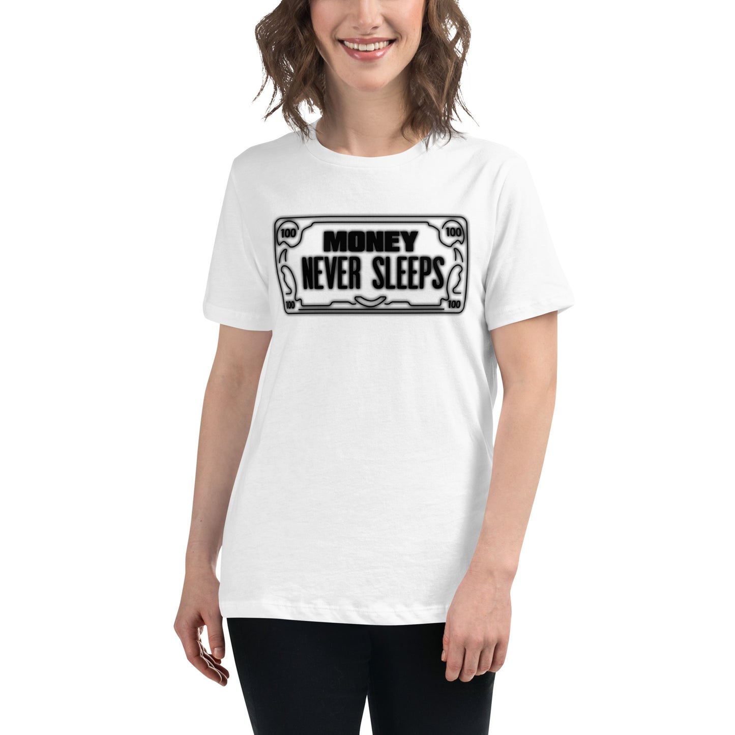 Neon Money Never Sleeps White Motivational Women’s T-Shirt Lifestyle
