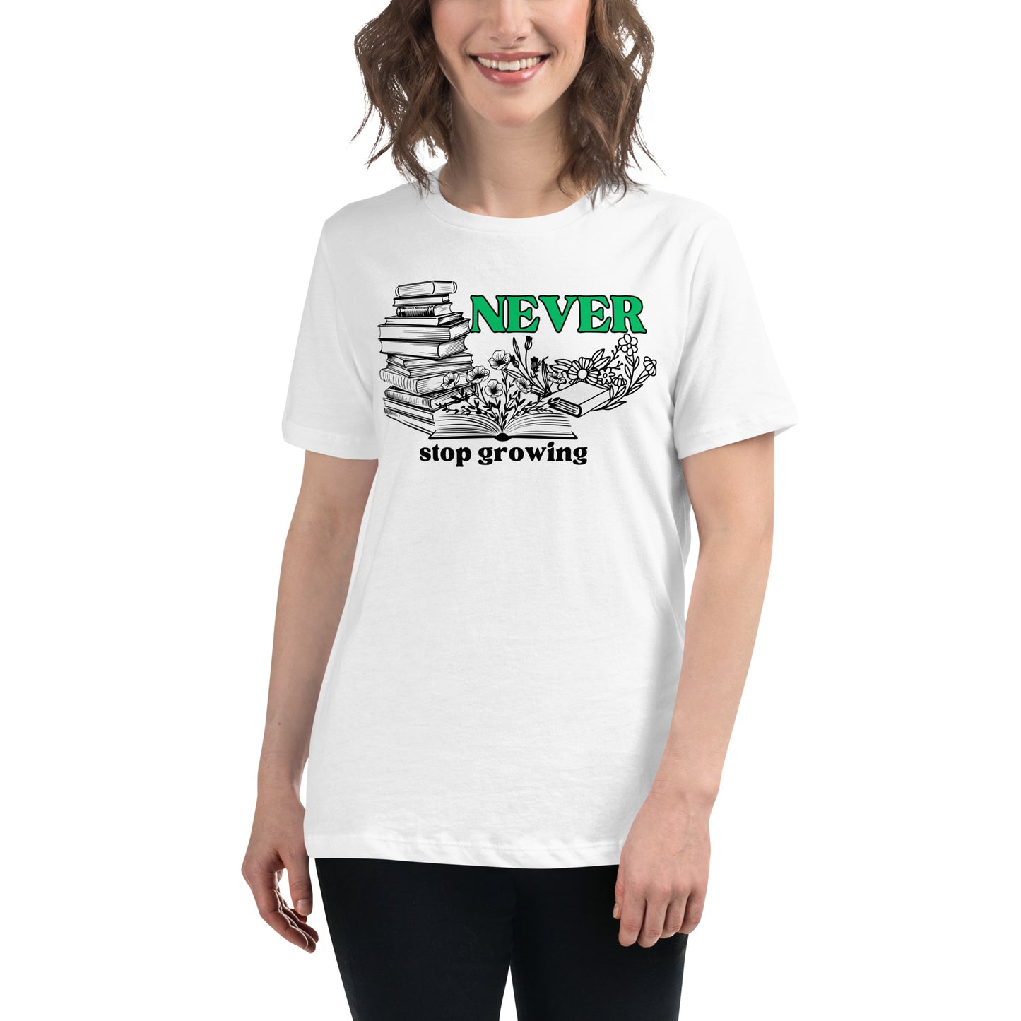 Never Stop Growing - Books Edition White Motivational Women’s T-Shirt Lifestyle