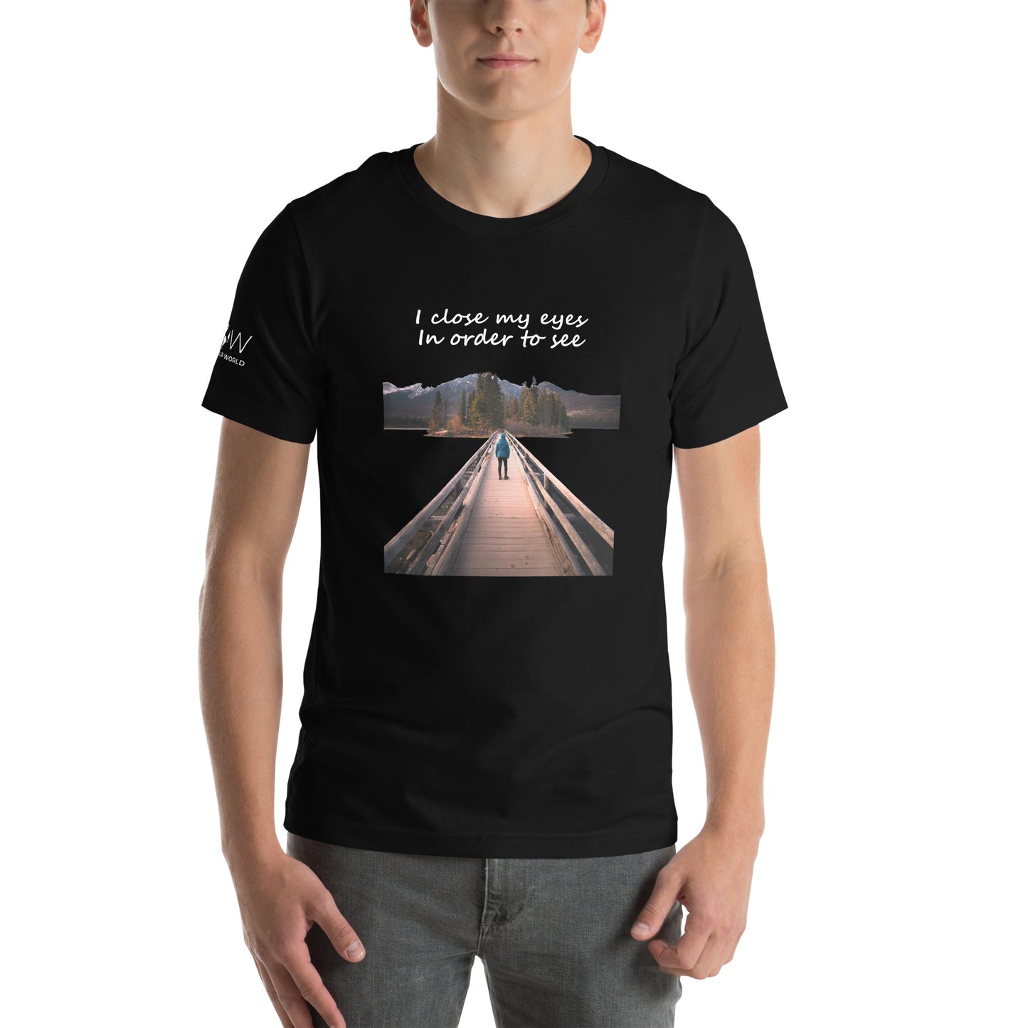 Path to Peace (Bridge & Mountains Design) Men's Motivational Black T-Shirt