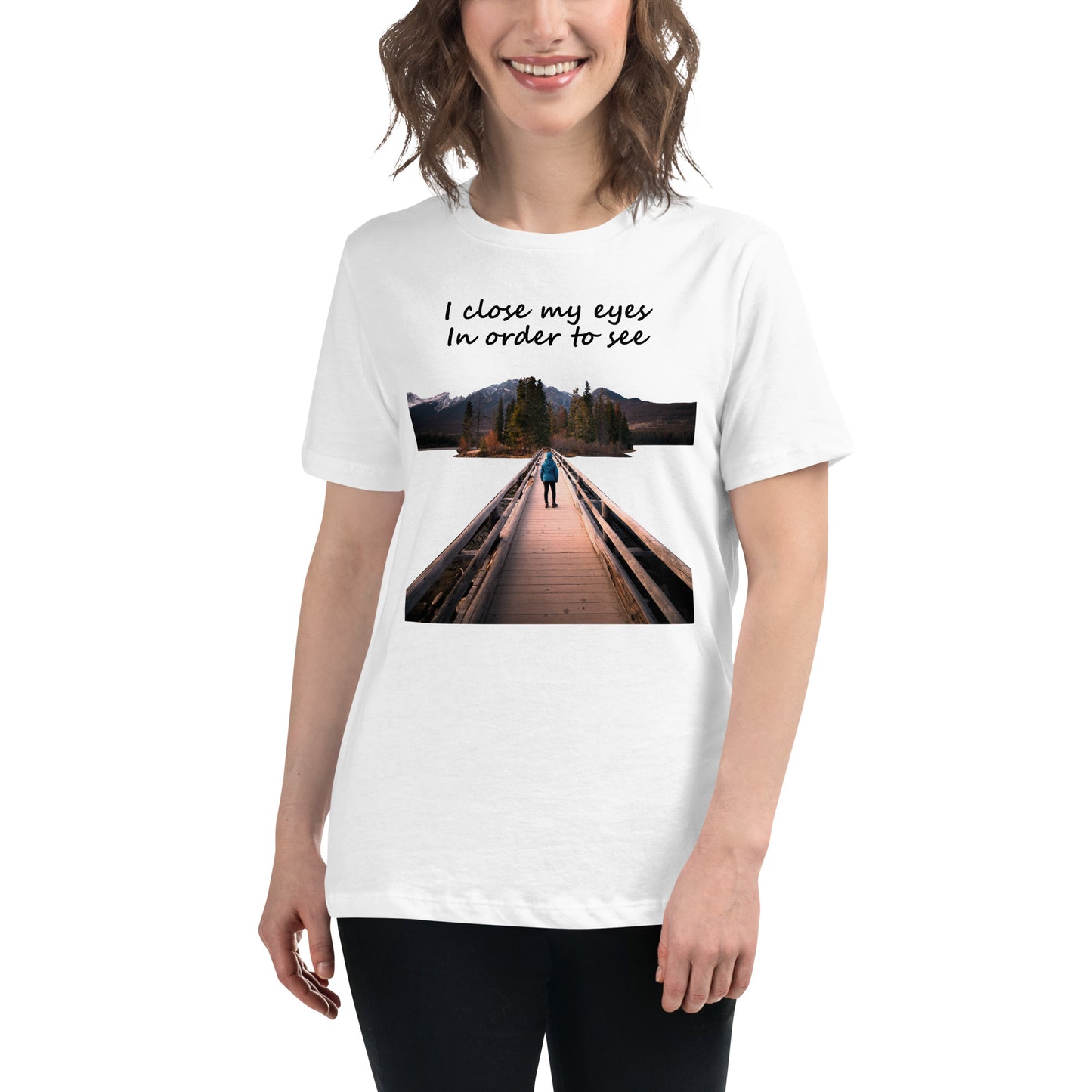 Path to Peace (Bridge & Mountains Design) White Motivational Women’s T-Shirt Lifestyle