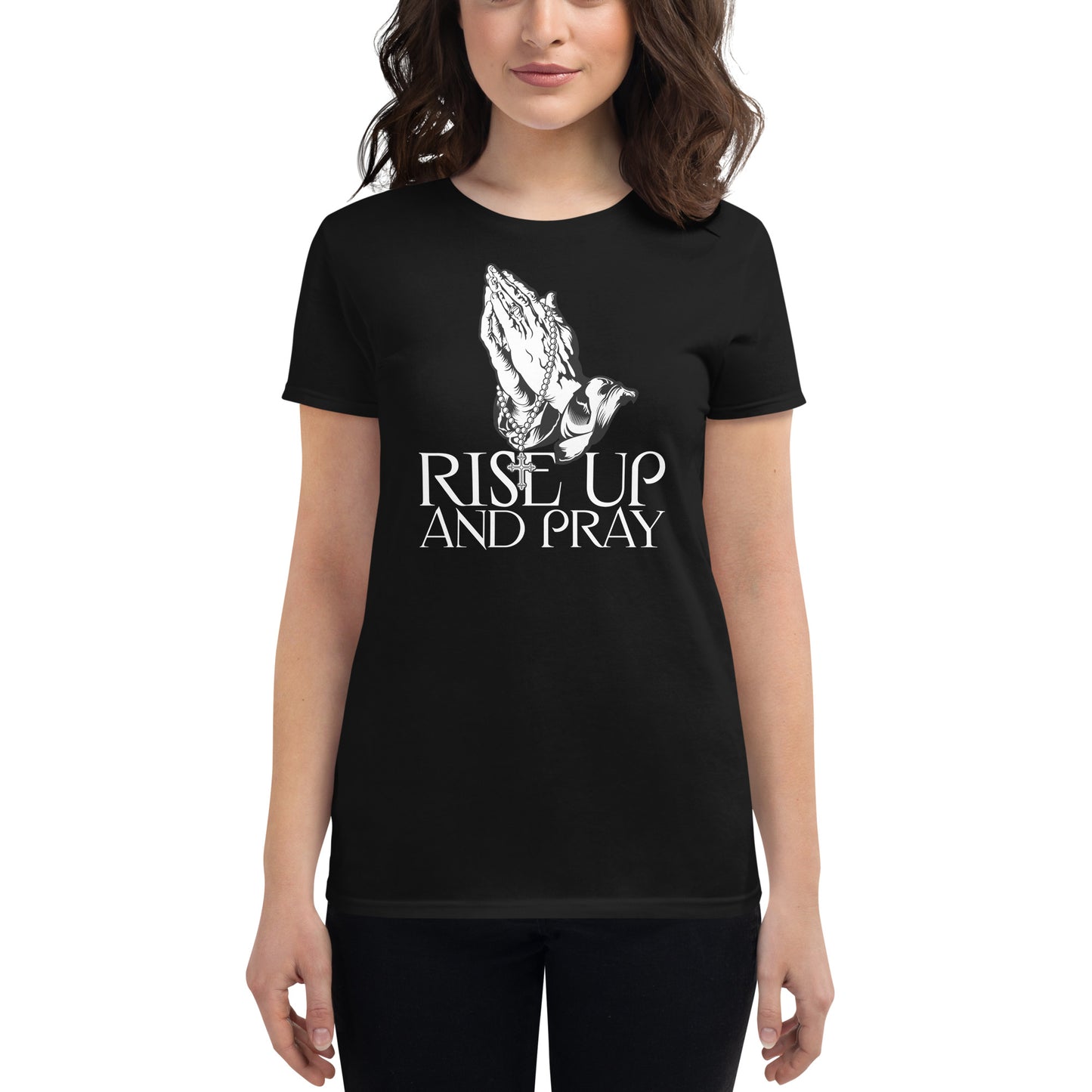 Praying Hands with Rosary Women’s Motivational Black T-Shirt