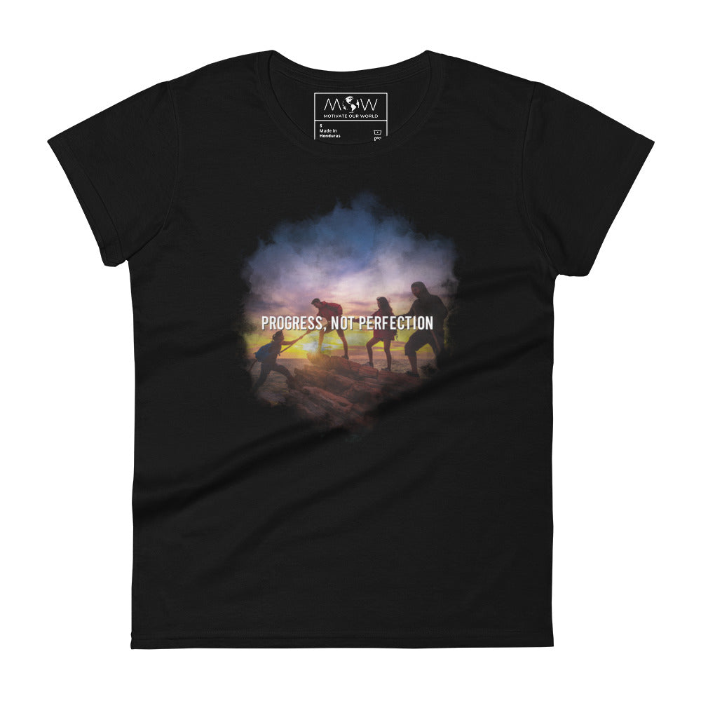 Product mockupProgress, Not Perfection Women’s Motivational Black T-Shirt