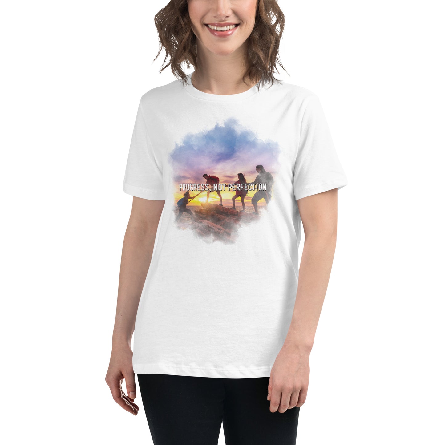 Progress Over Perfection White Motivational Women’s T-Shirt Lifestyle