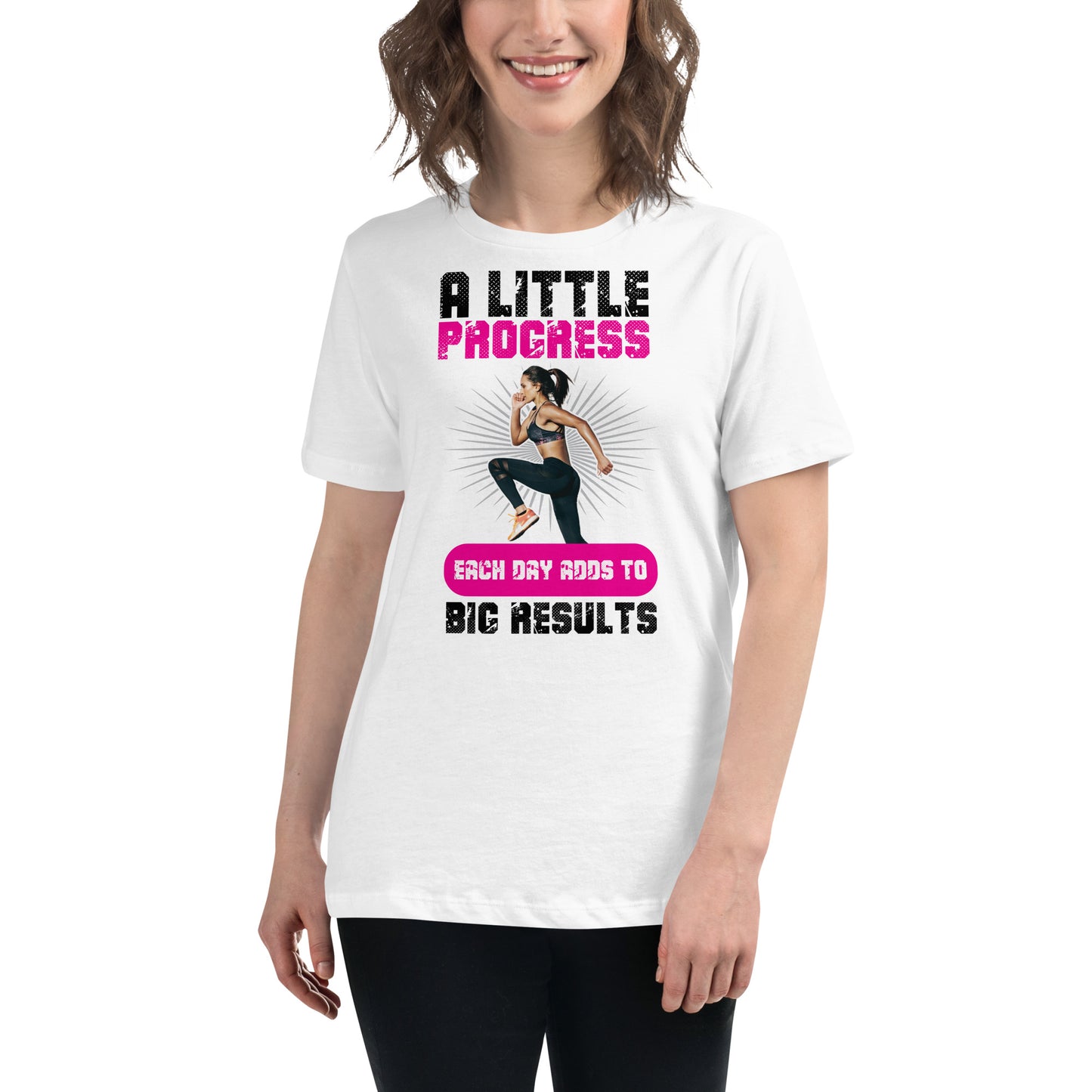"Progress in Motion" White Motivational Women’s T-Shirt Lifestyle