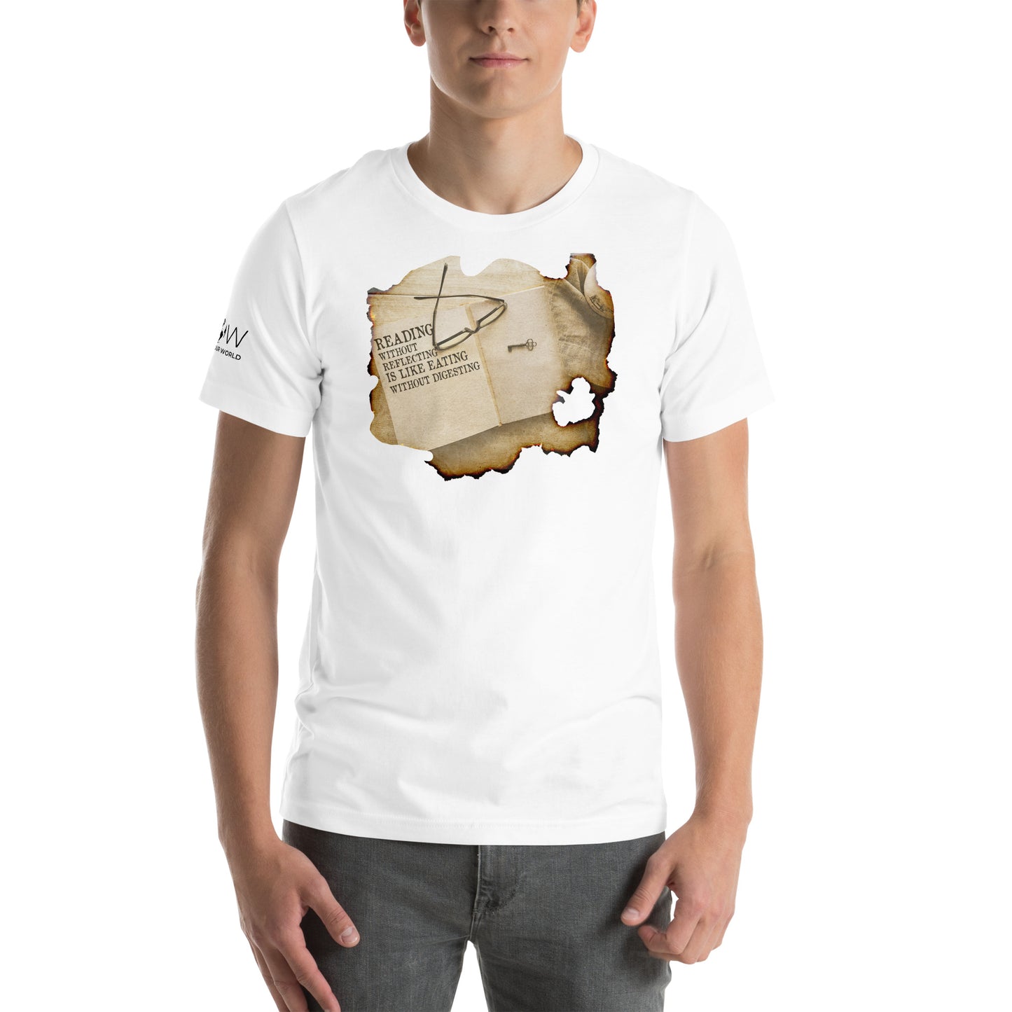 Reading Without Reflecting – Vintage Burnt Paper White Motivational Men's T-Shirt