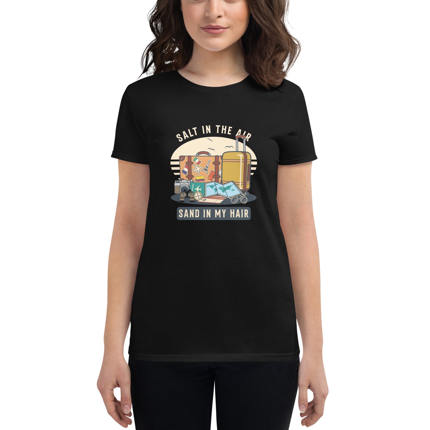 Salt in the Air, Sand in My Hair (Travel Edition) Women’s Motivational Black T-Shirt
