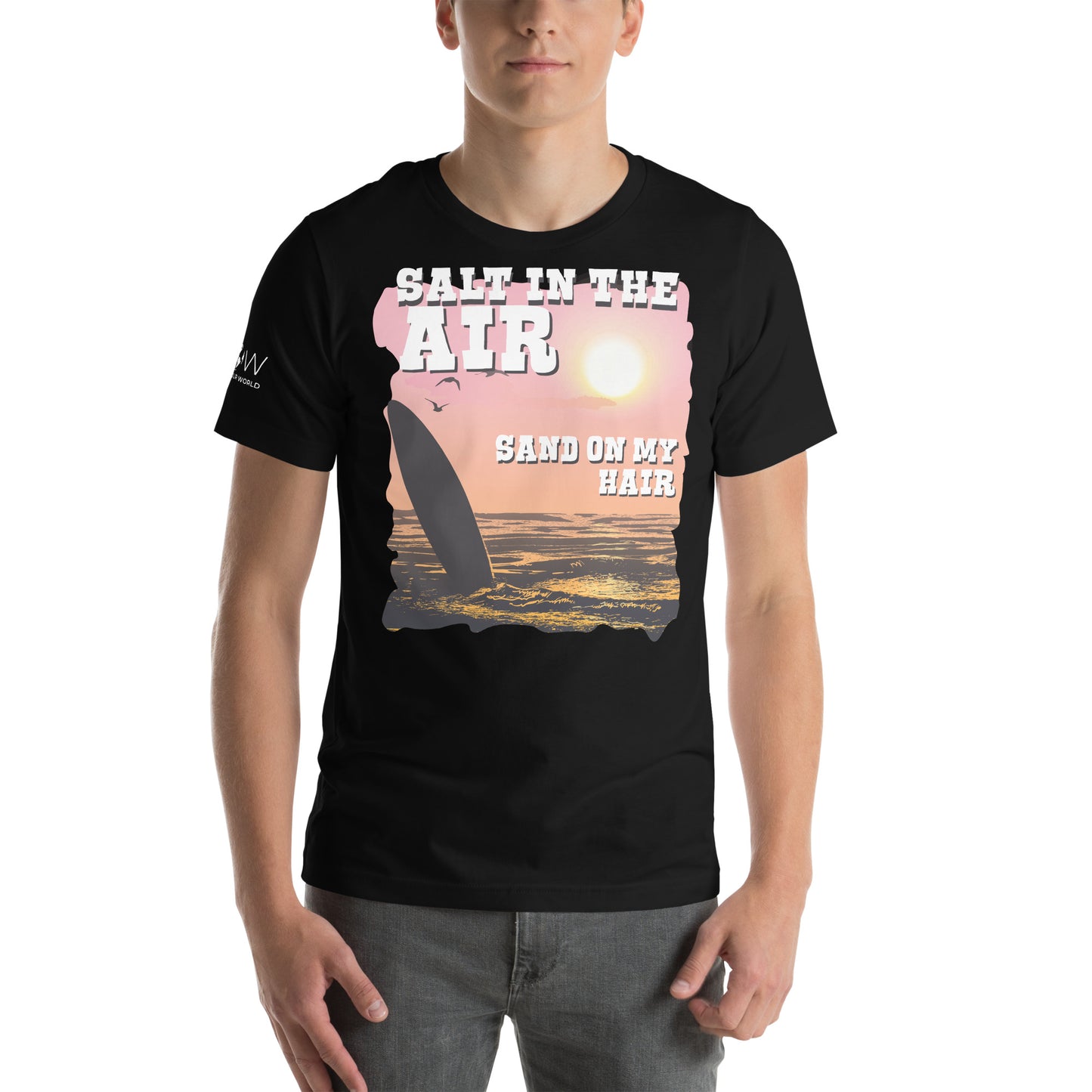 Salt in the Air, Sand on My Hair (Sunset Surf Design) Men's Motivational Black T-Shirt